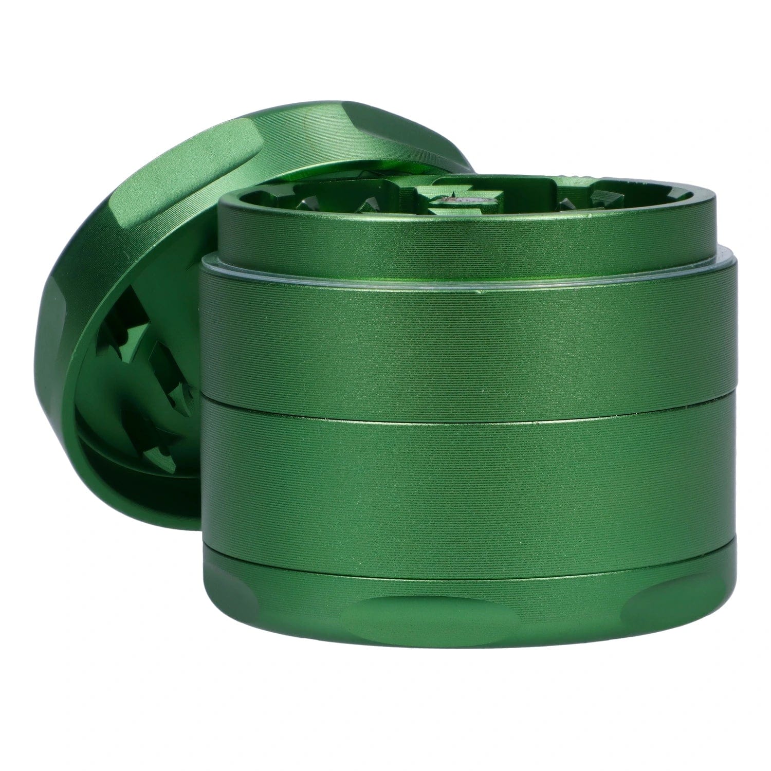 A slightly angled view of the “Trailer Park Trip” Smoking Box, featuring a metallic green finish and circular design.