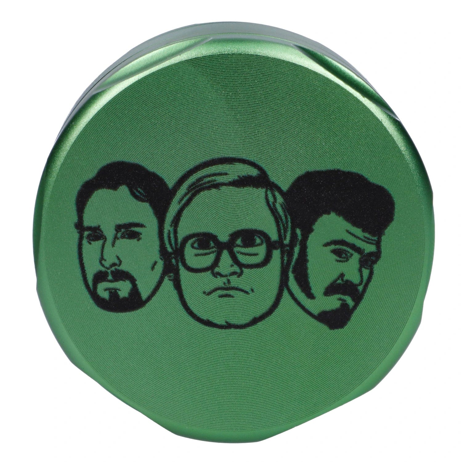 Front view of the “Trailer Park Trip” Smoking Box, a green, circular container with a textured surface.