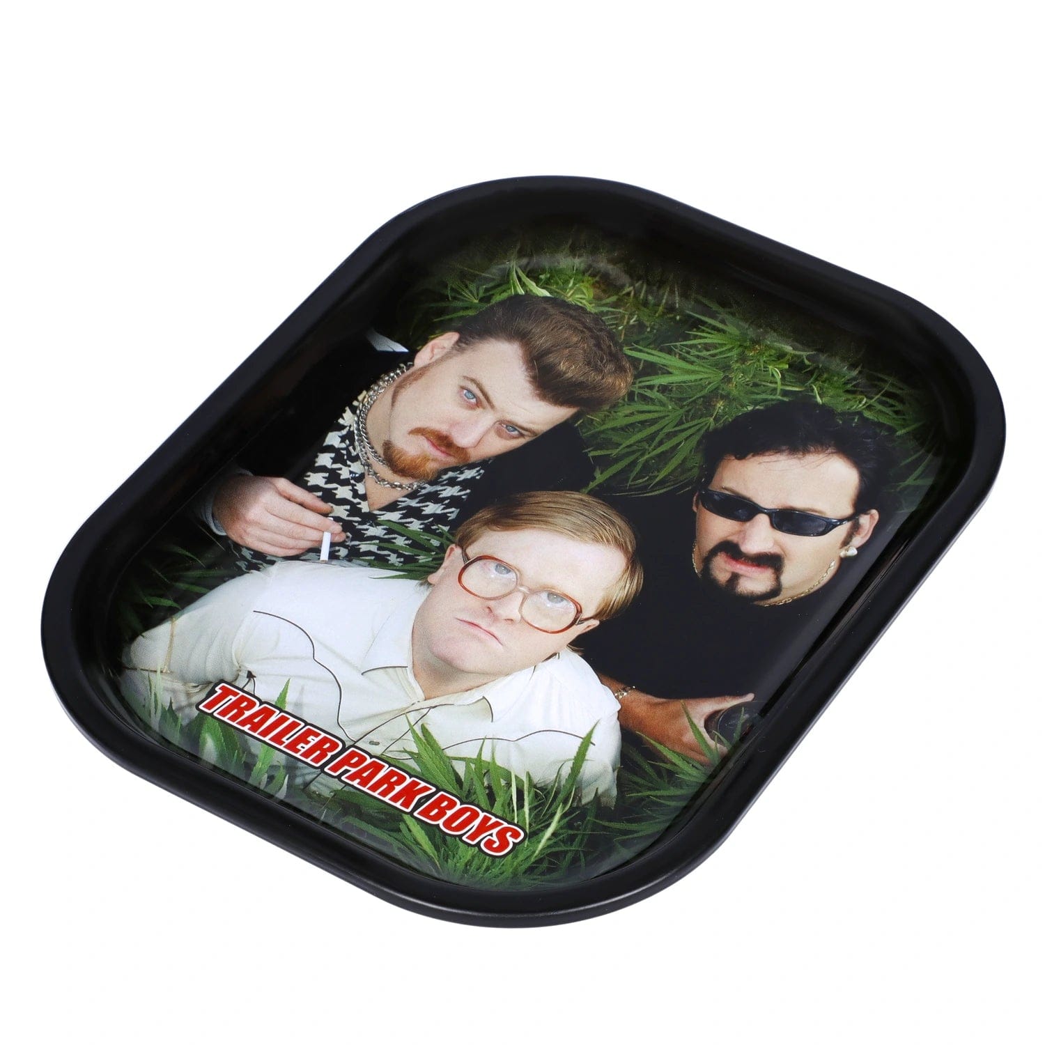 Overhead view of the “Trailer Park Trip” Smoking Box featuring a character portrait on a dark background.