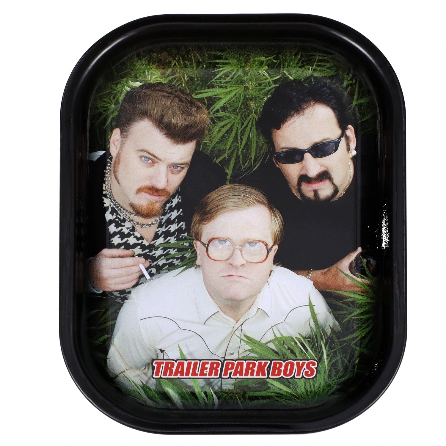 A close-up of the “Trailer Park Trip” Smoking Box features a vintage-style image of a man with a mohawk, resembling a trading card.