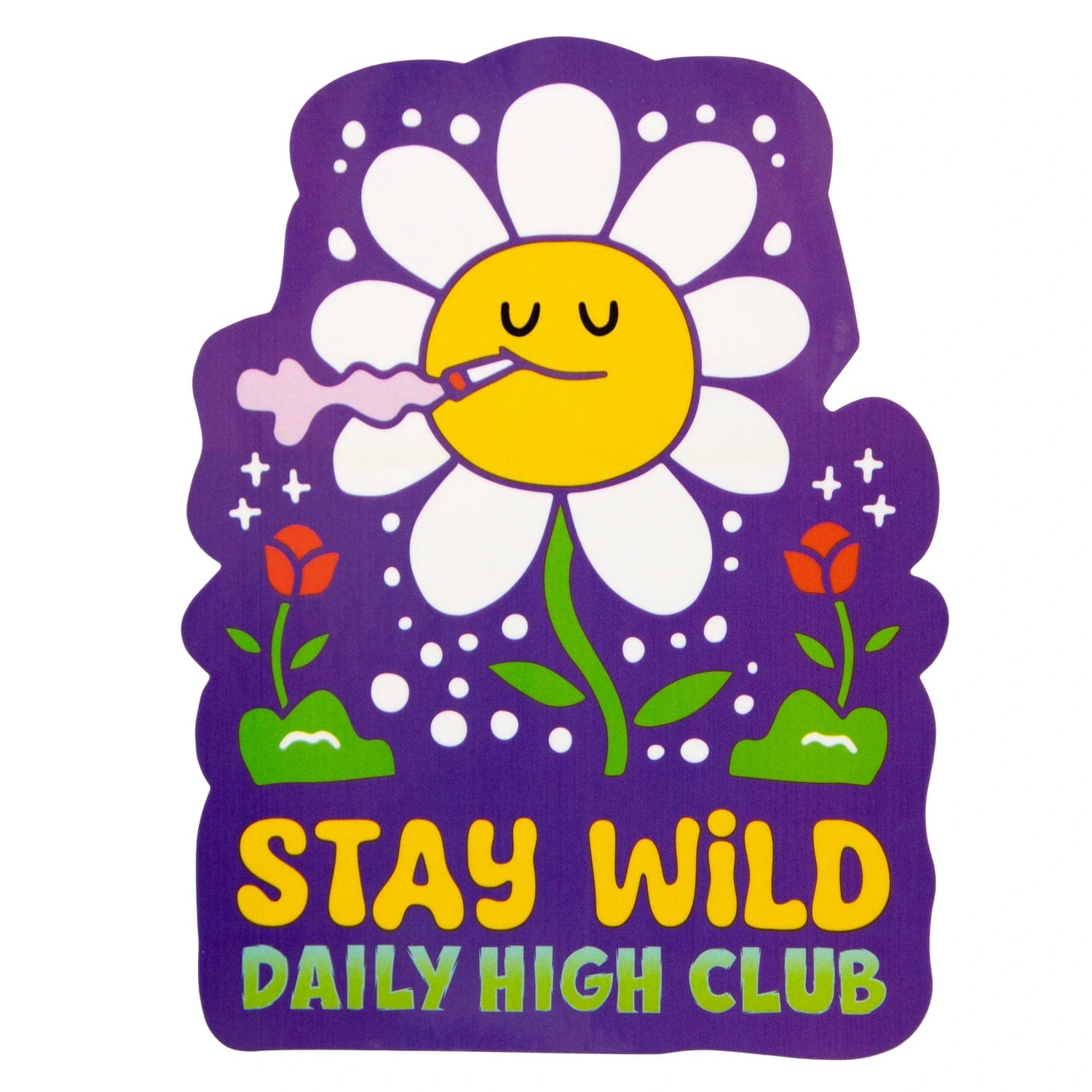 A colorful illustration of the “Trailer Park Trip” Smoking Box depicts a daisy with a lit joint in place of its center, against a dark backdrop.
