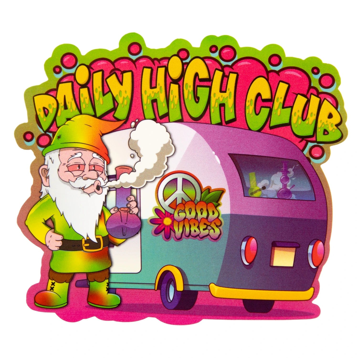 A whimsical illustration features the “Trailer Park Trip” Smoking Box as a vintage camper van with a gnome driver, emitting colorful smoke.