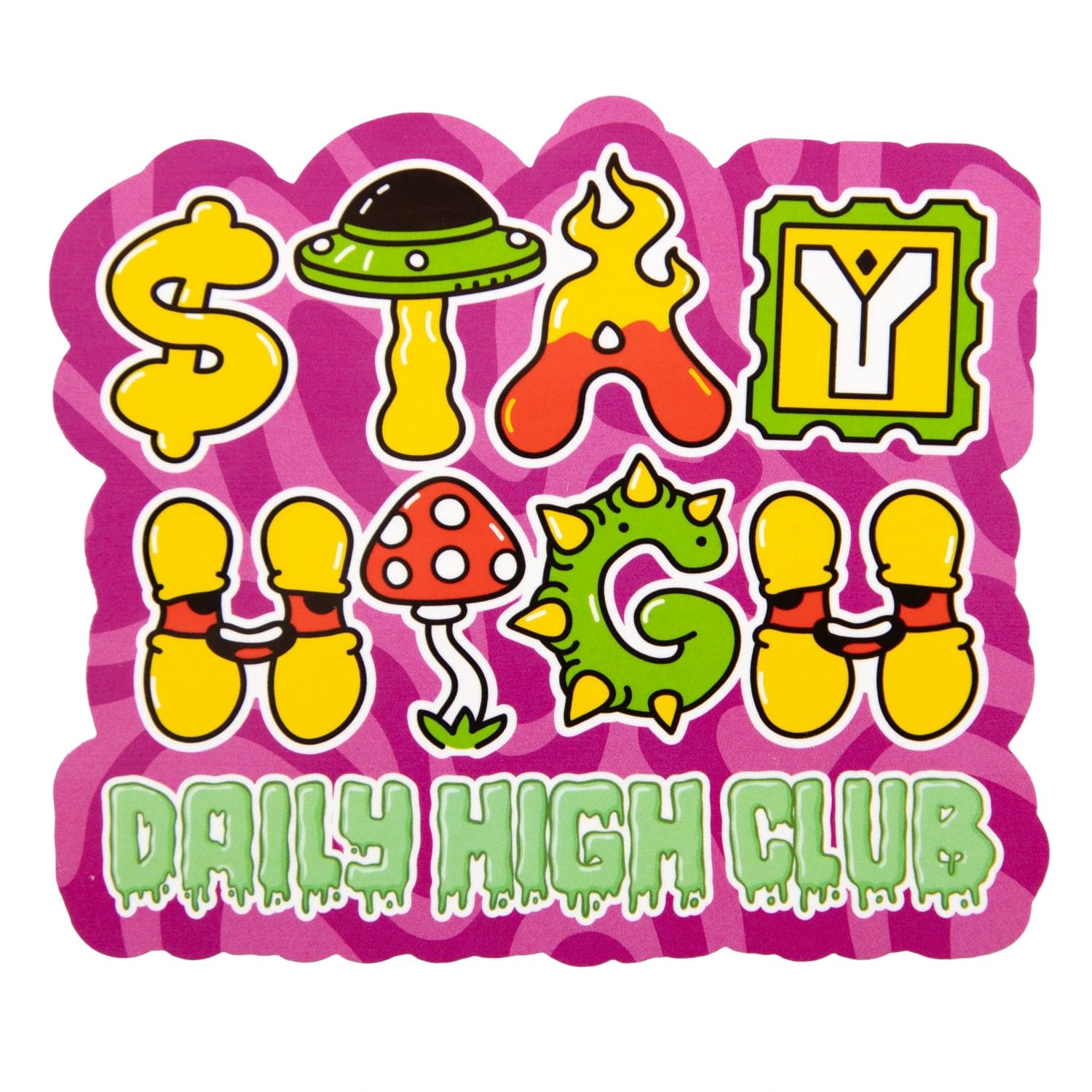Front view of the “Trailer Park Trip” Smoking Box, featuring whimsical graphics against a vibrant, colorful background.