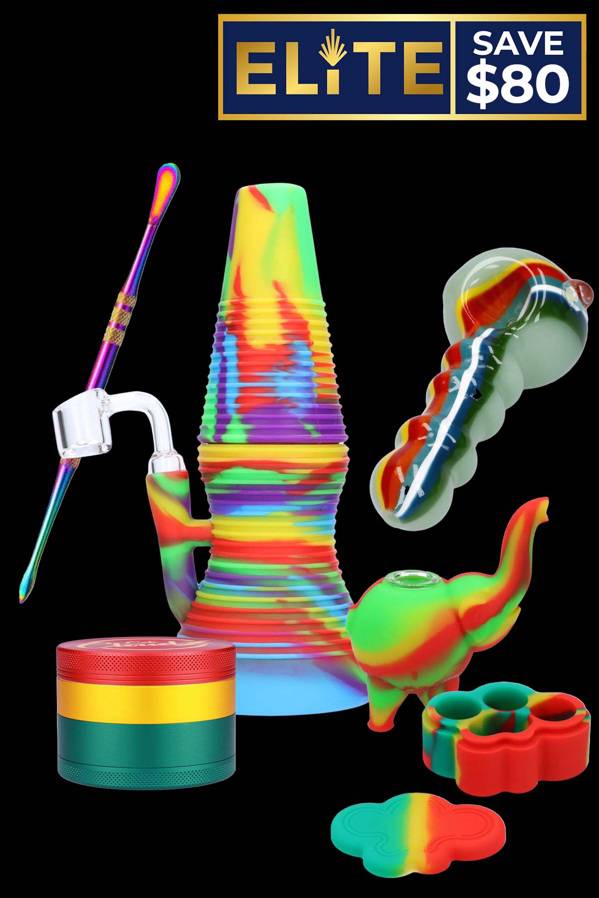 Close-up front view of colorful silicone smoking accessories arranged on black background featuring the Vivid Combo.