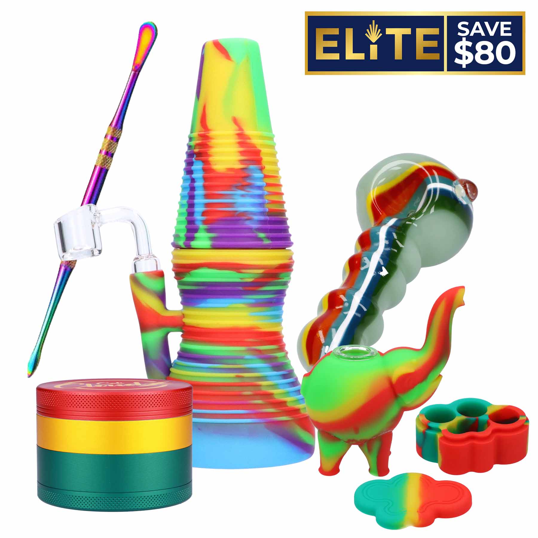 Close-up of colorful silicone smoking pieces and accessories arranged on white background featuring the Vivid Combo.