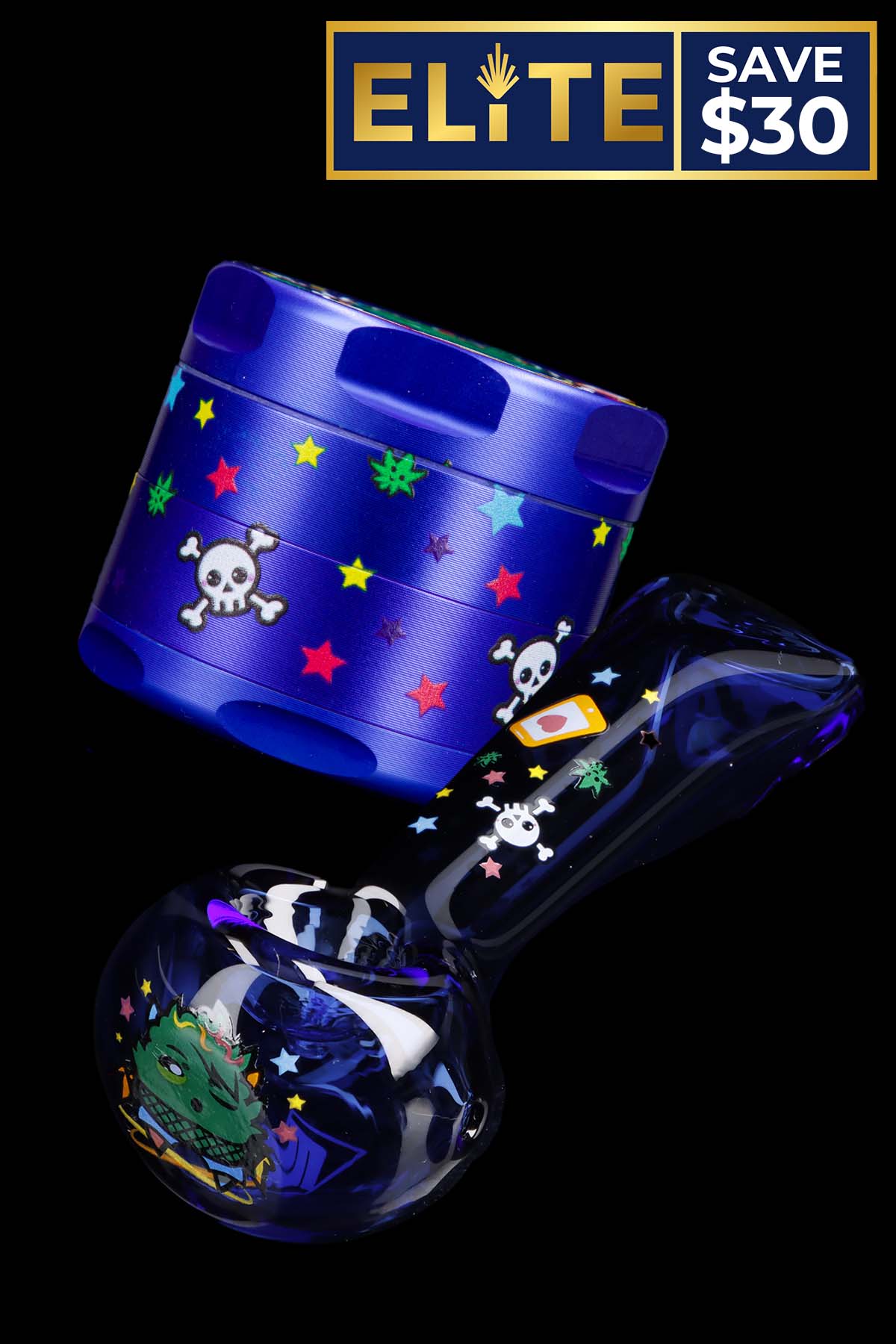 Angled close-up of the Wido The Blue Dream Combo showing a blue metal grinder and matching blue glass pipe decorated with colorful stars and skull motifs on a black background