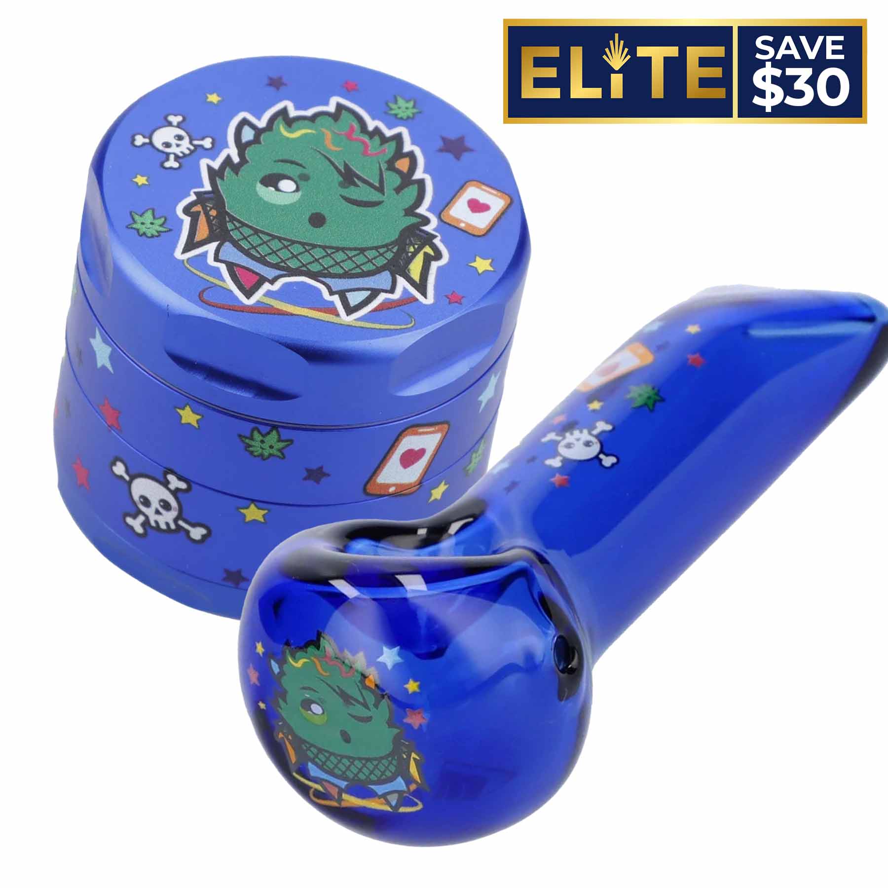 Angled close-up of the blue Wido The Blue Dream Combo showing a stickered green mascot on the grinder and matching blue glass pipe.