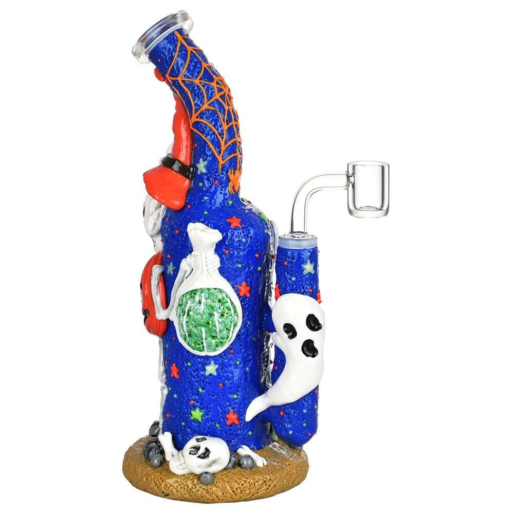 The Frightening Fiesta Enamel on Glass Dab Rig is shown in a side view with colorful enamel details against clear glass.