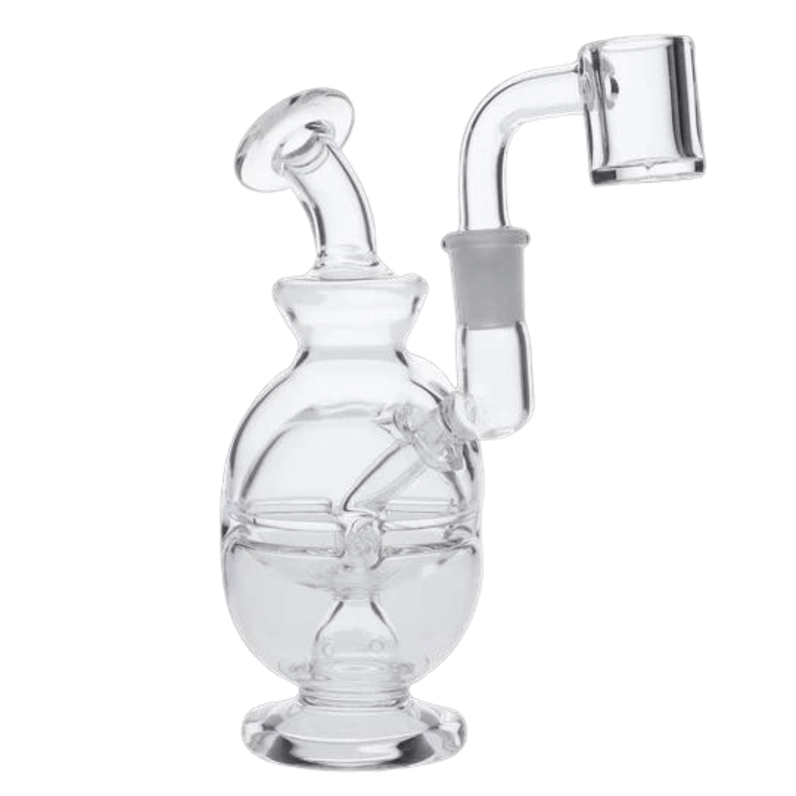 A front view of the 4.5-inch Glass Bubbler Pipe w/10mm Male Quartz in clear glass, showcasing its curved design and smooth finish.