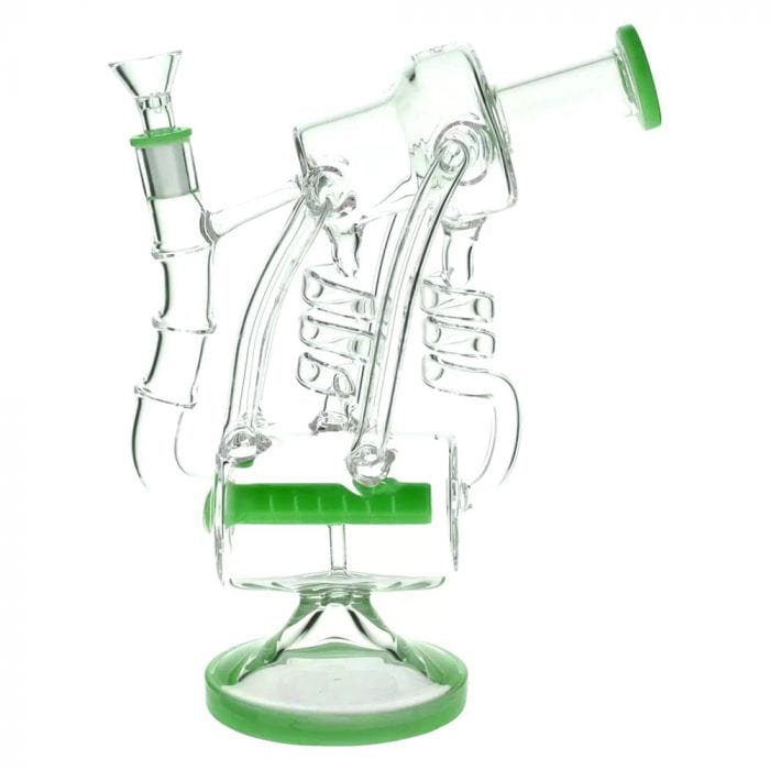 Front view of the Inline Barrel Recycler Rig, a clear glass rig with a green accent and a cylindrical water chamber.