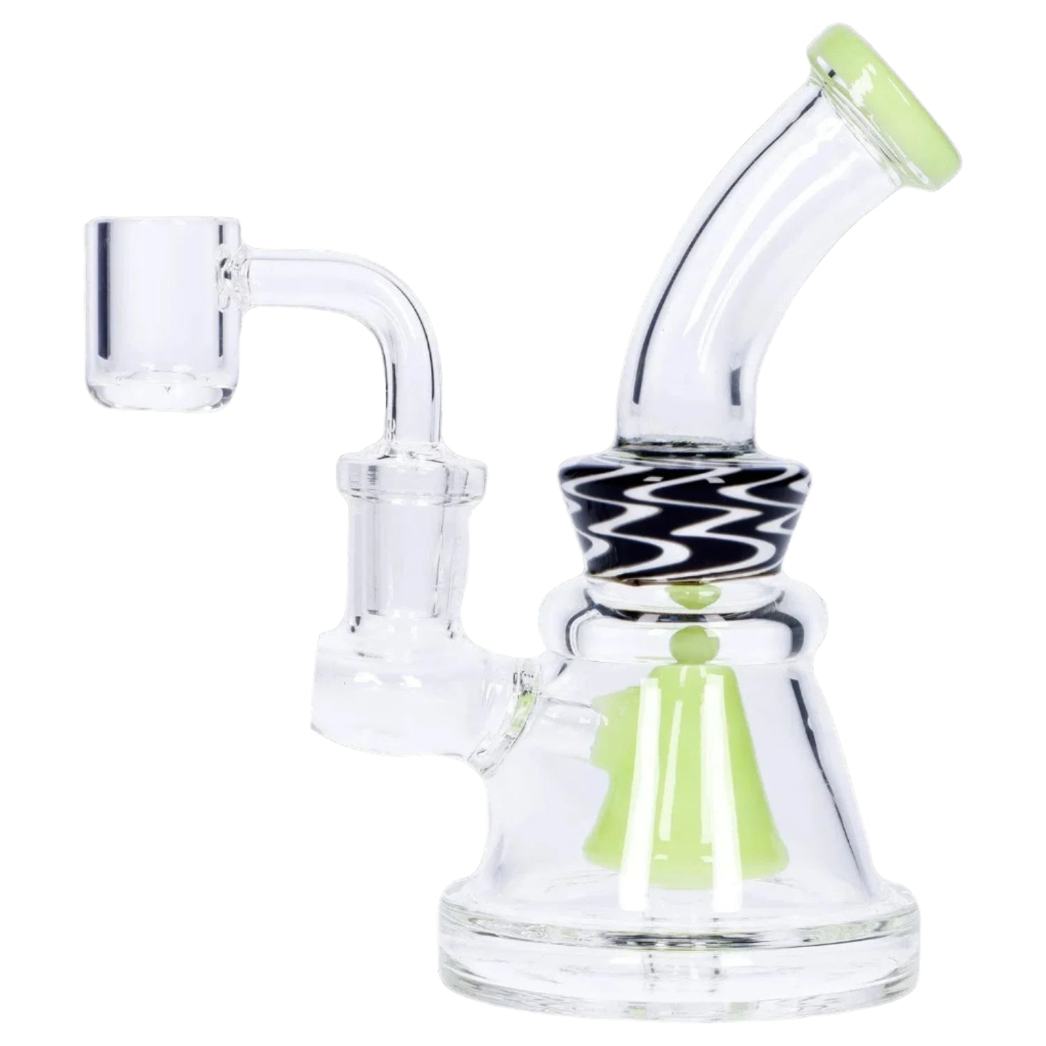 Close-up angled view of the Wig Wag Slime Dab Rig with Showerhead Perc - 55 in, showing clear glass, black zigzag collar, and lime green percolator.