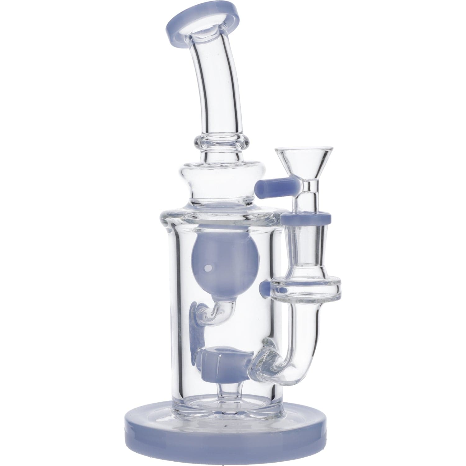 Front view of the Hourglass Base Incycler Bong, showing its clear glass construction and unique, rounded base design.