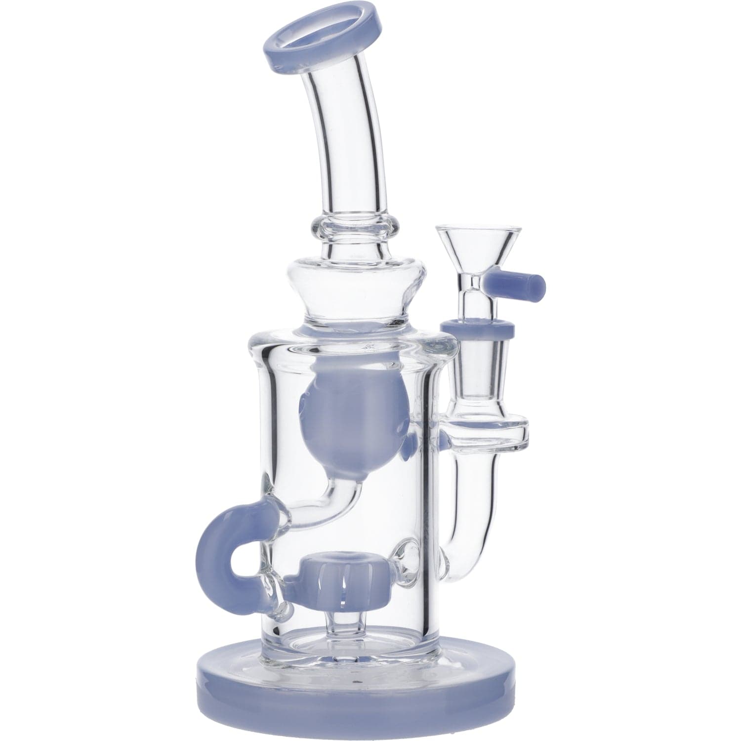 A front view of the Hourglass Base Incycler Bong, showing its clear glass construction and unique base design.