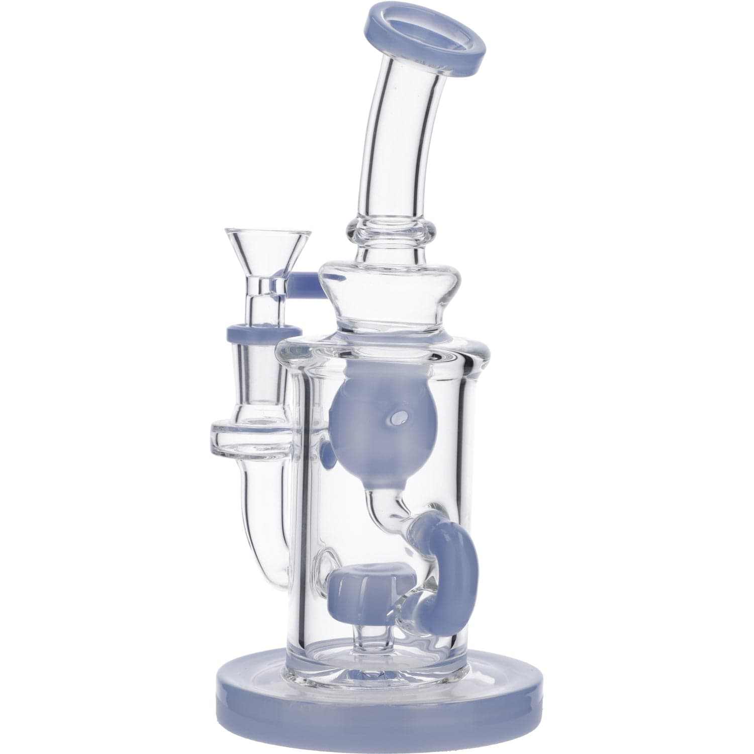 A front view of the Hourglass Base Incycler Bong, showcasing its rounded glass base and clear construction.