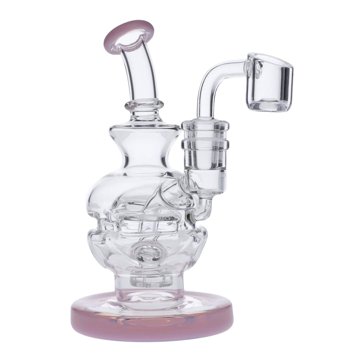A three-quarter view of the 6" Swiss Perc Recycler Rig with a purple base and clear glass construction.