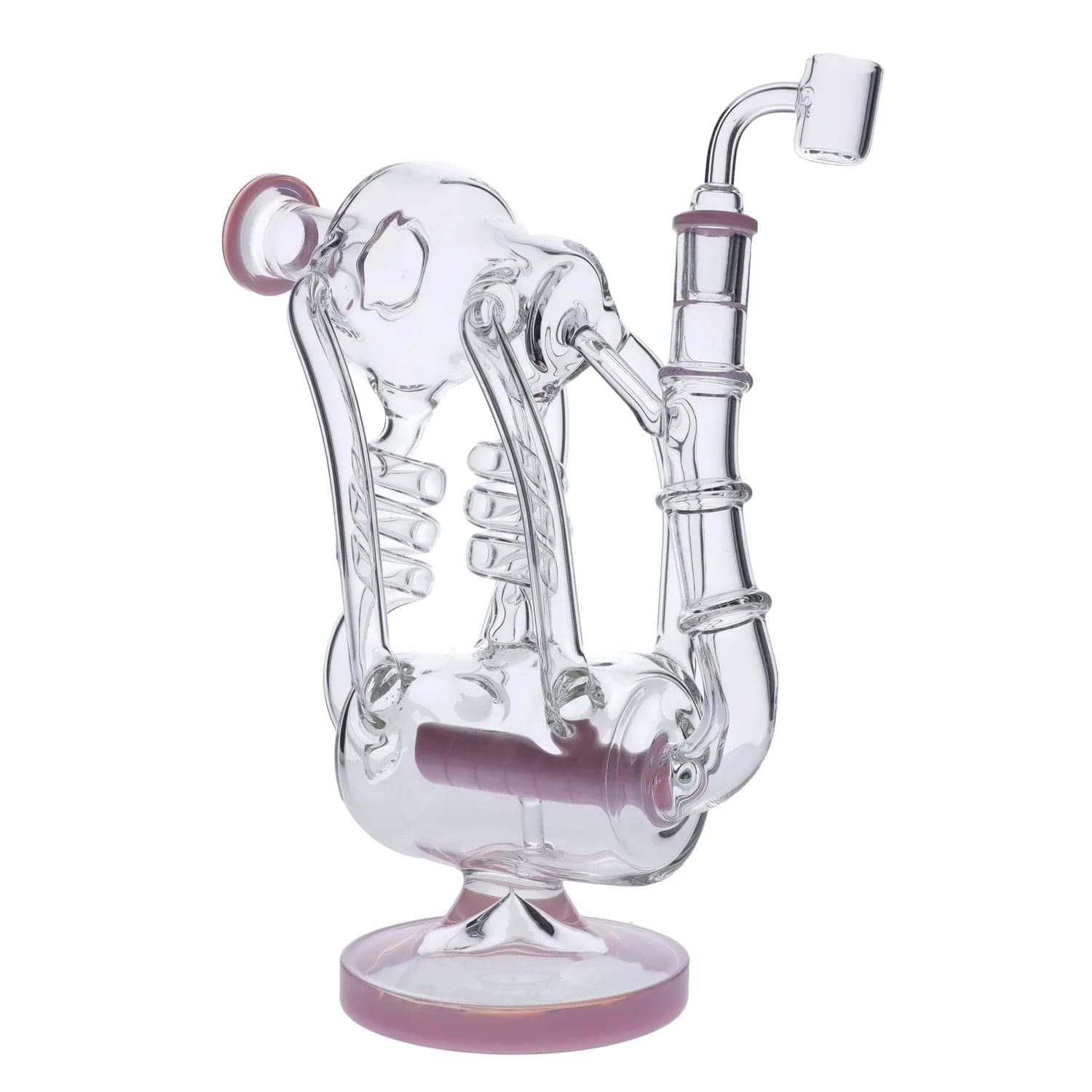 Front view of the Inline Barrel Recycler Rig, a clear glass water pipe with a rounded barrel and visible recycler details.