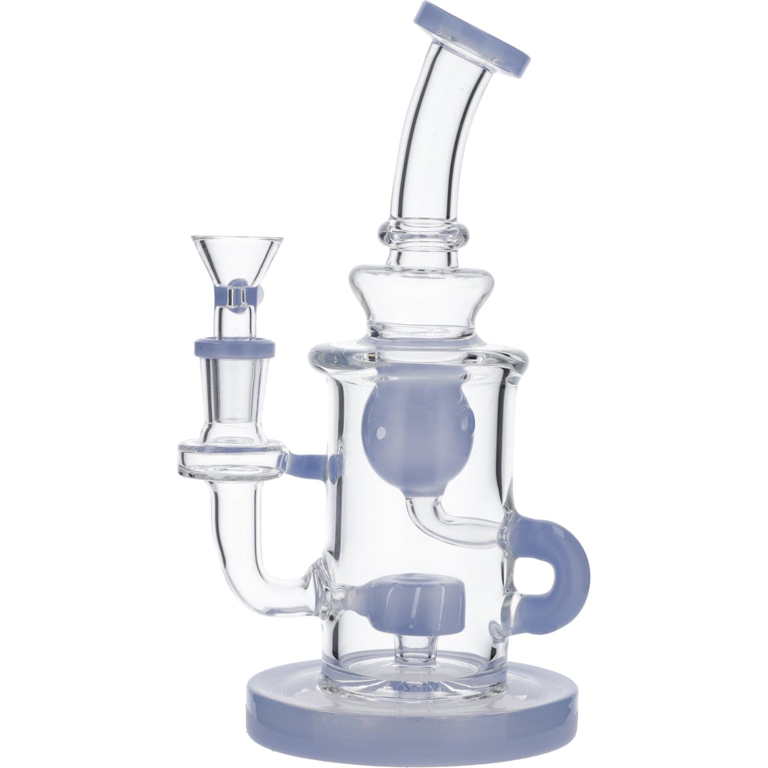 Front view of the Hourglass Base Incycler Bong, showcasing its clear glass construction and unique rounded base design.