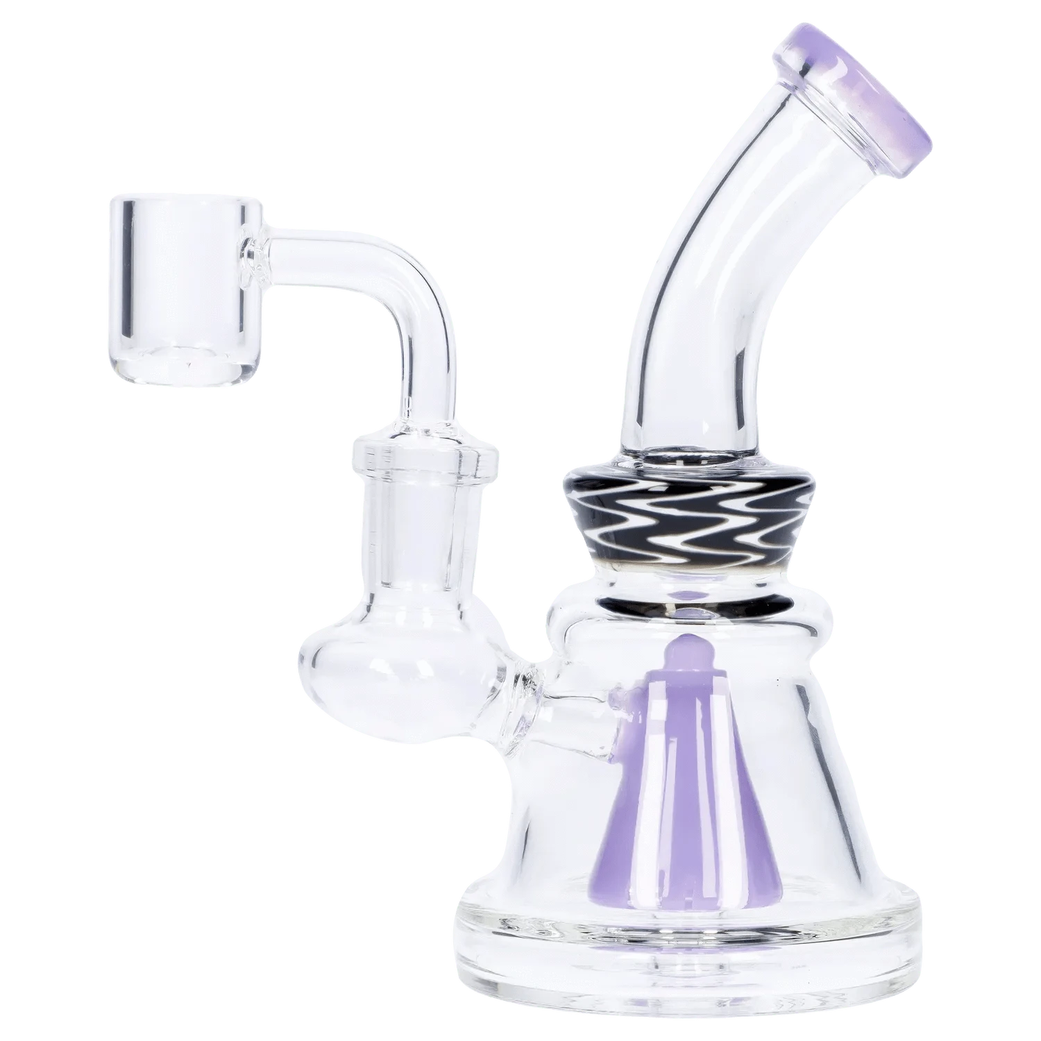 Angled close-up of the Wig Wag Slime Dab Rig with Showerhead Perc - 55 in showing its curved mouthpiece, purple accent stem, and glass showerhead attachment.