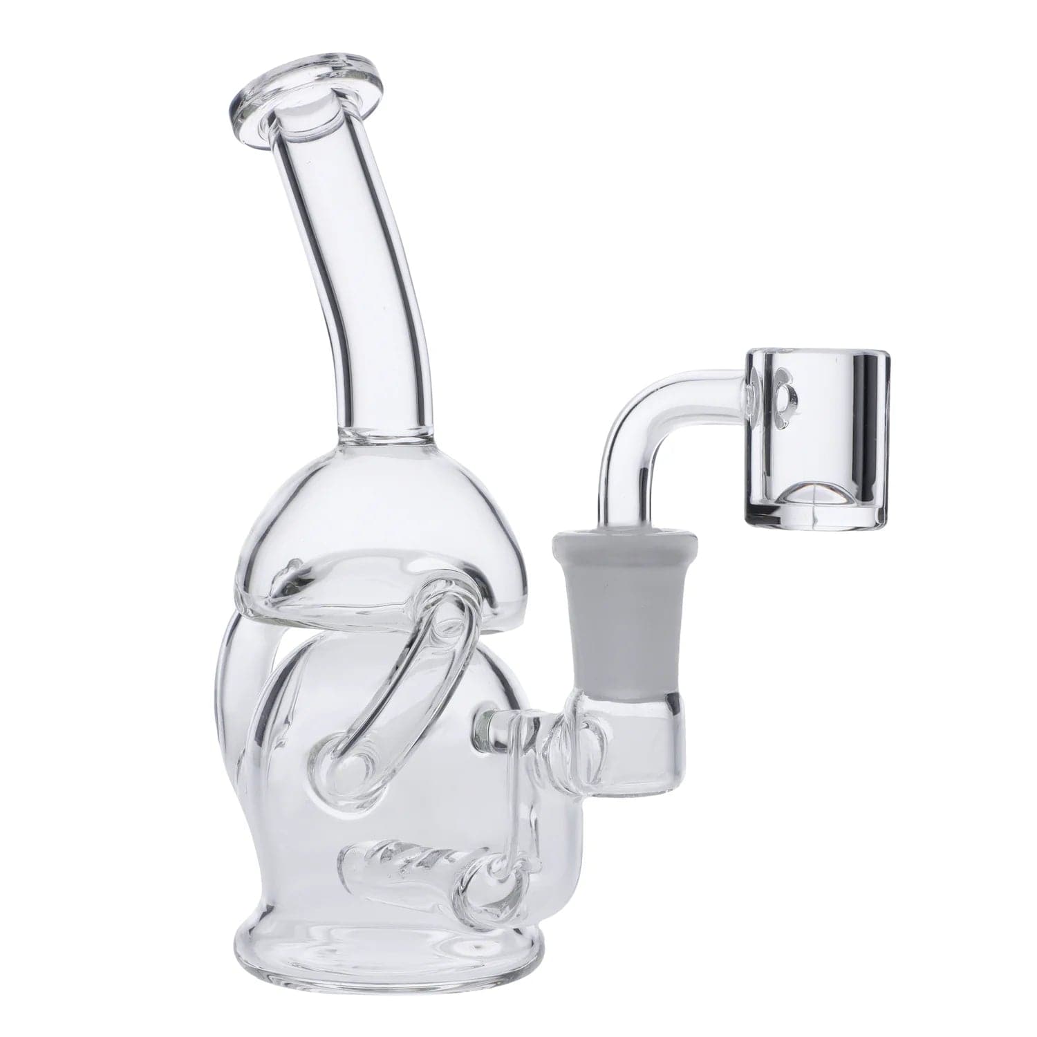 A three-quarter view of the Recycler Egg Mini Rig, showcasing its clear glass construction and intricate internal water filtration system.