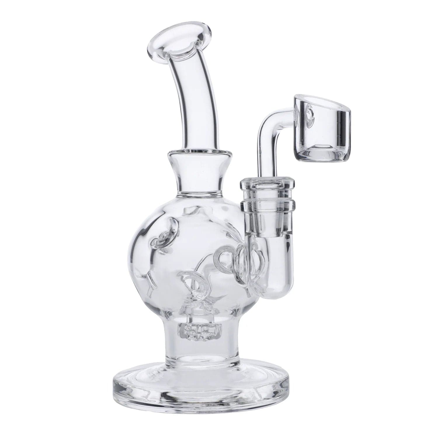 A three-quarter view of the Swiss Incycler Mini Rig, a small clear glass rig with a joint for concentrates.