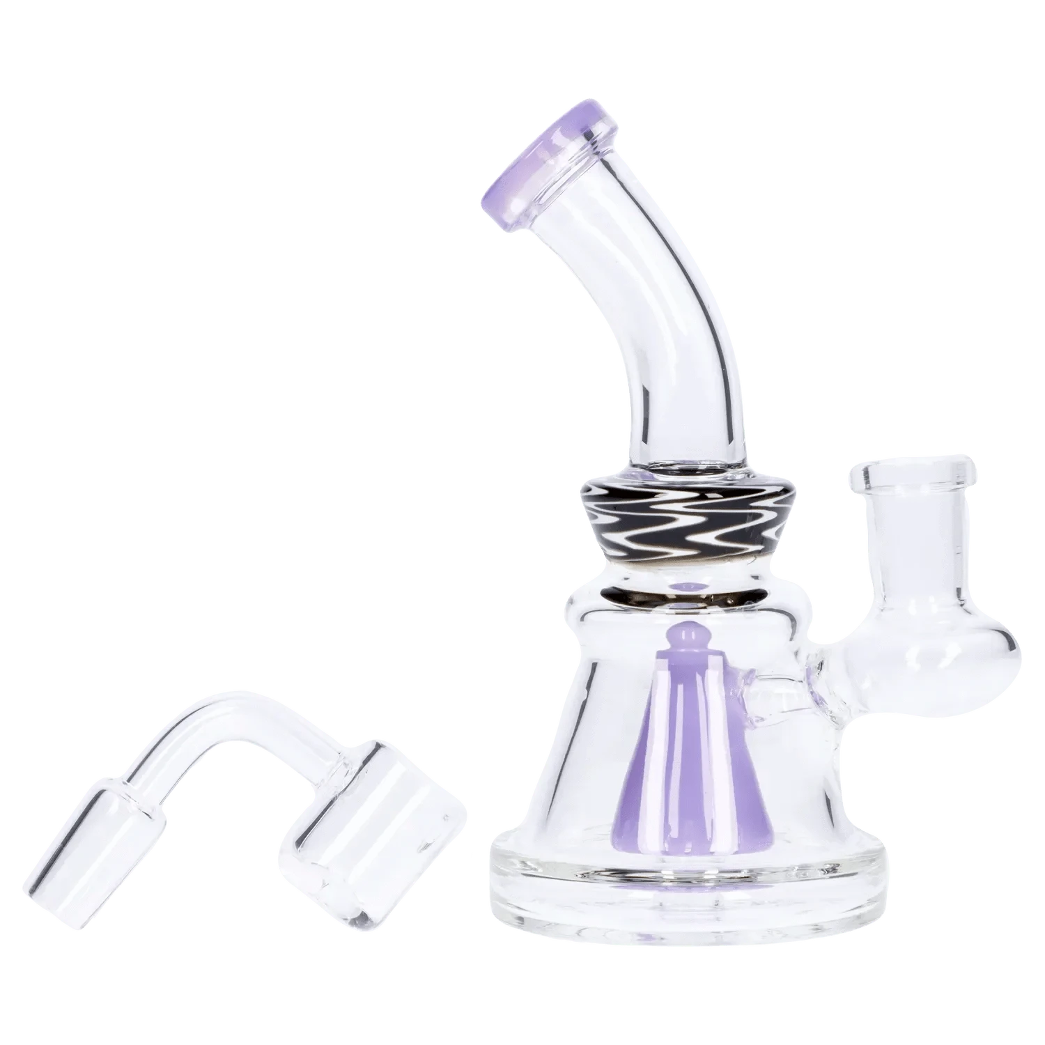 Angled close-up of the pink Wig Wag Slime Dab Rig with Showerhead Perc - 55 in, showing its curved mouthpiece, zigzag neck band, and purple showerhead inside.