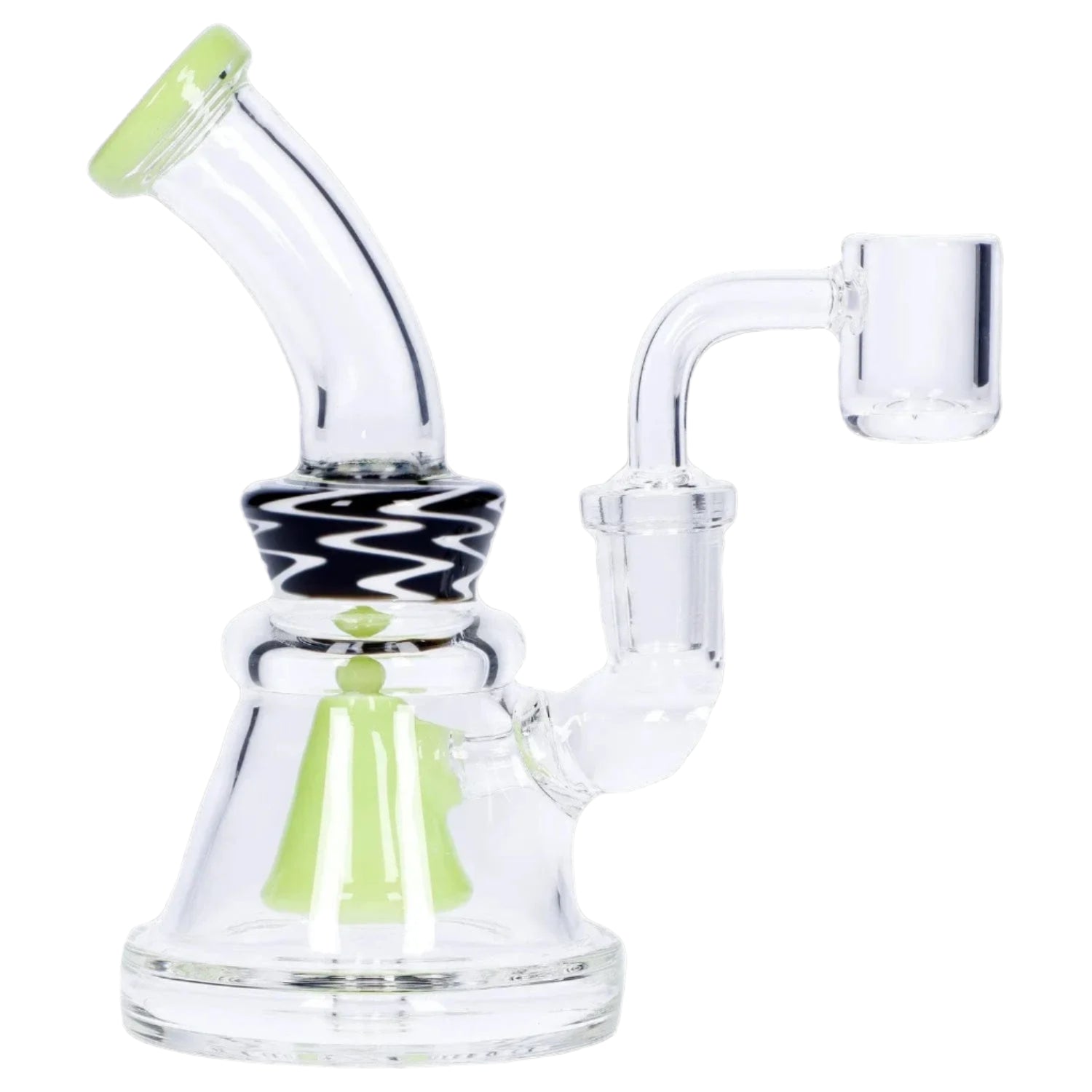 Angled close-up of the purple Wig Wag Slime Dab Rig with Showerhead Perc - 55 in, showing its curved mouthpiece, zigzag collar, and lime green interior showerhead against a white background