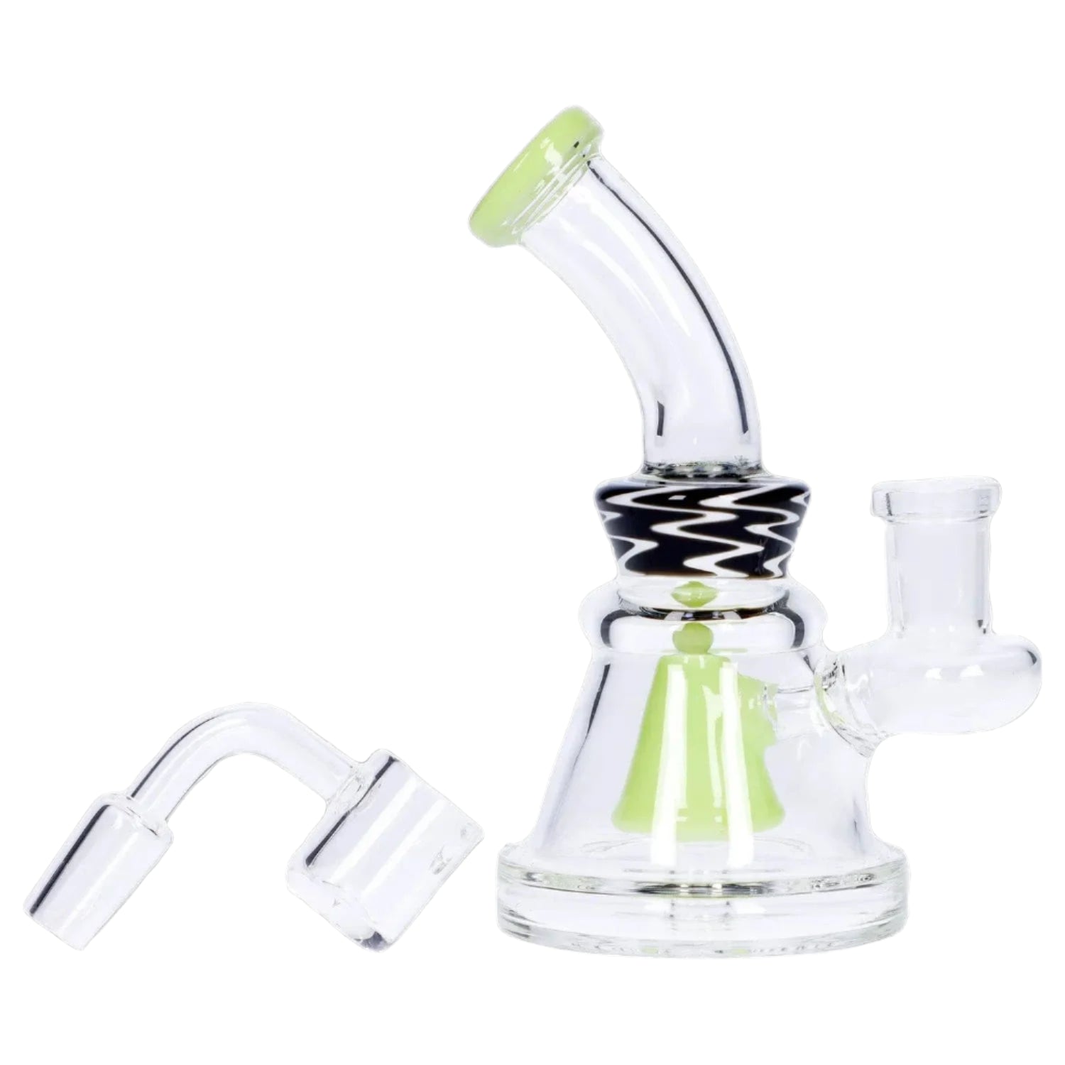 Angled close-up of the Wig Wag Slime Dab Rig with Showerhead Perc - 55 in showing its curved mouthpiece with lime rim, black-and-white wig wag collar, and green showerhead insert.