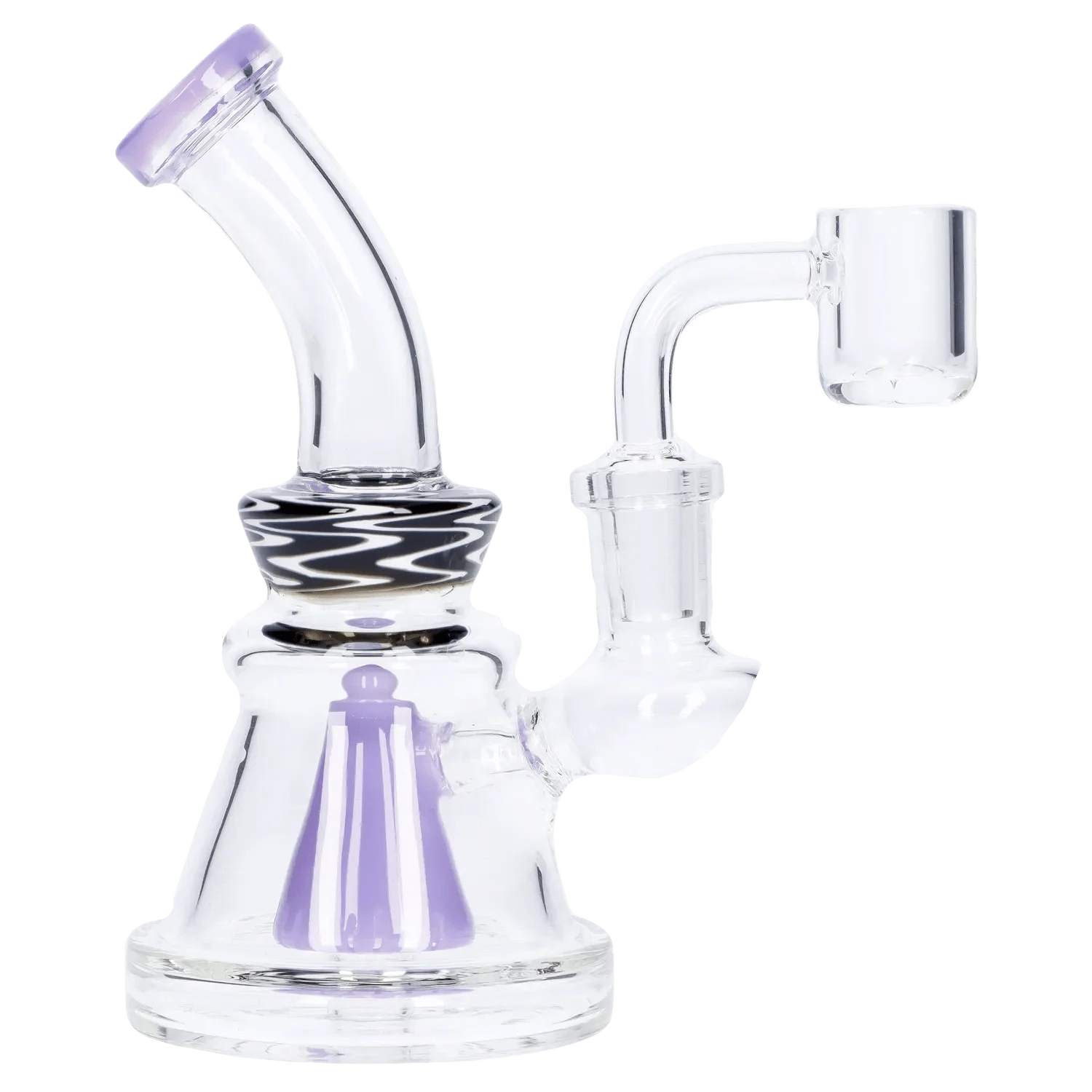 Angled close-up of the Wig Wag Slime Dab Rig with Showerhead Perc - 55 in, showing its clear glass neck, purple-accented mouthpiece, and black-and-white patterned joint.