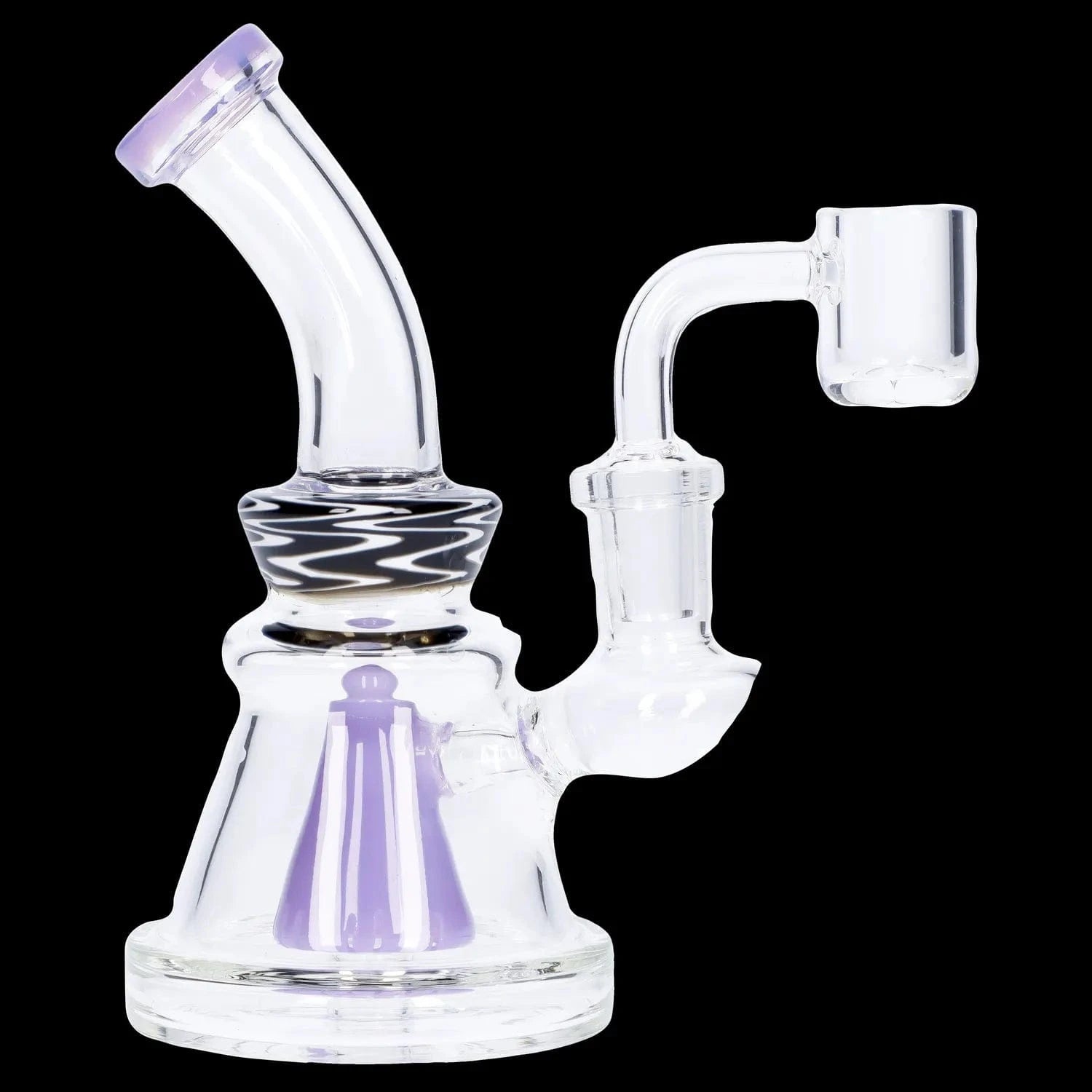 Angled close-up of the Wig Wag Slime Dab Rig with Showerhead Perc - 55 in showing clear glass neck, purple accents and zigzag patterned collar against a black background