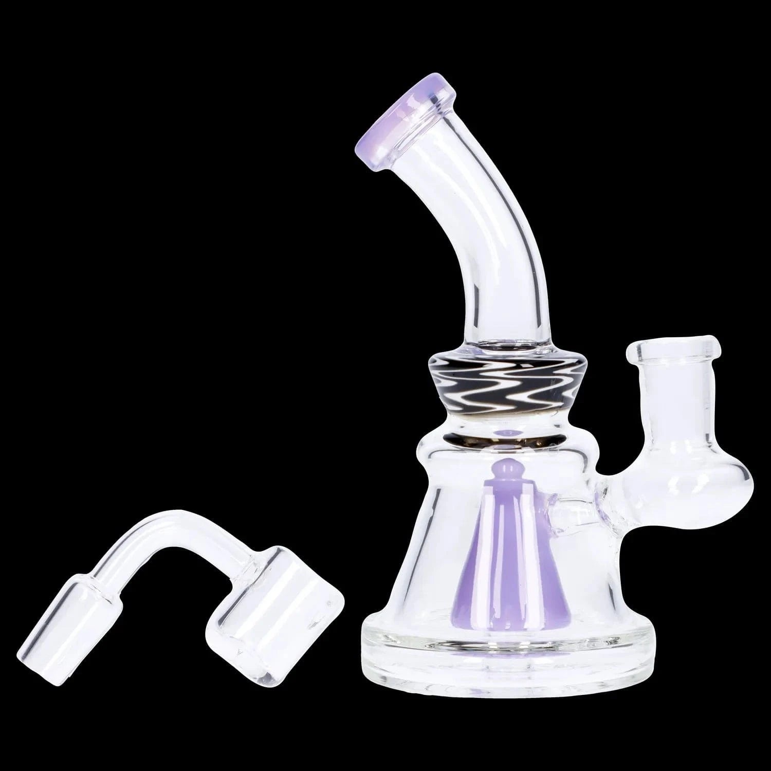 Close-up three-quarter view of the Wig Wag Slime Dab Rig with Showerhead Perc - 55 in, showing clear glass, purple accents, and a zigzag-decorated neck against a black background
