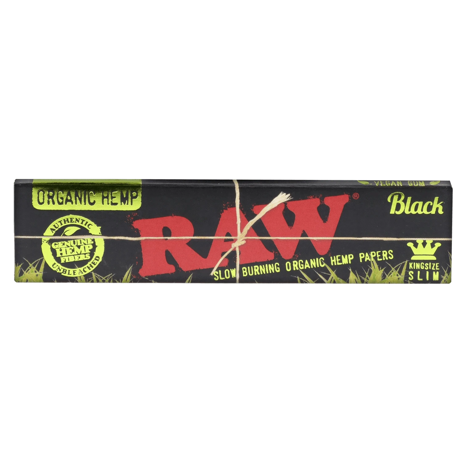 Front-facing shot of the DHC x RAW Chronic Collab Smoking Box with bold red RAW logo on a black background and tied twine across.