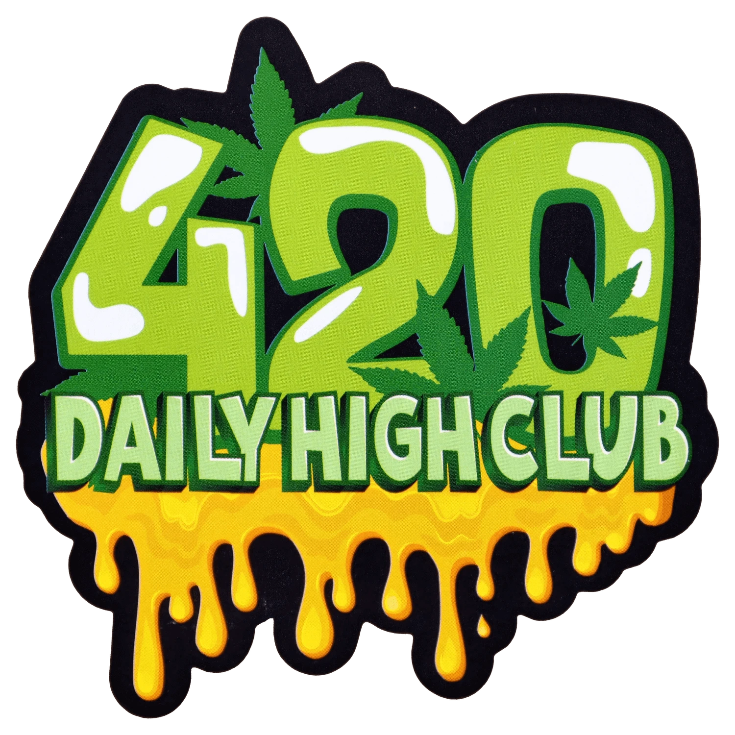 Top-down sticker-style graphic reading "420 DAILY HIGH CLUB" with green numbers and marijuana leaves and dripping yellow honey, DHC x RAW Chronic Collab Smoking Box