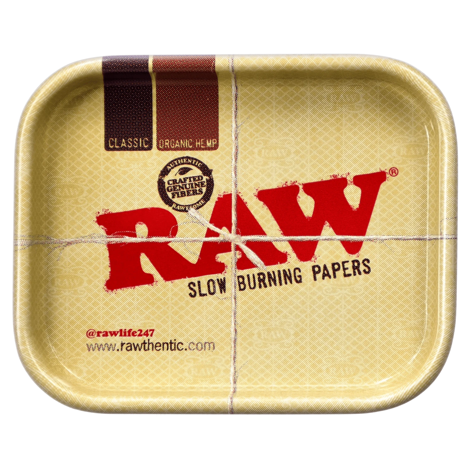 Top-down view of the DHC x RAW Chronic Collab Smoking Box showing a yellow tray with a large red RAW logo and crossed string detail.