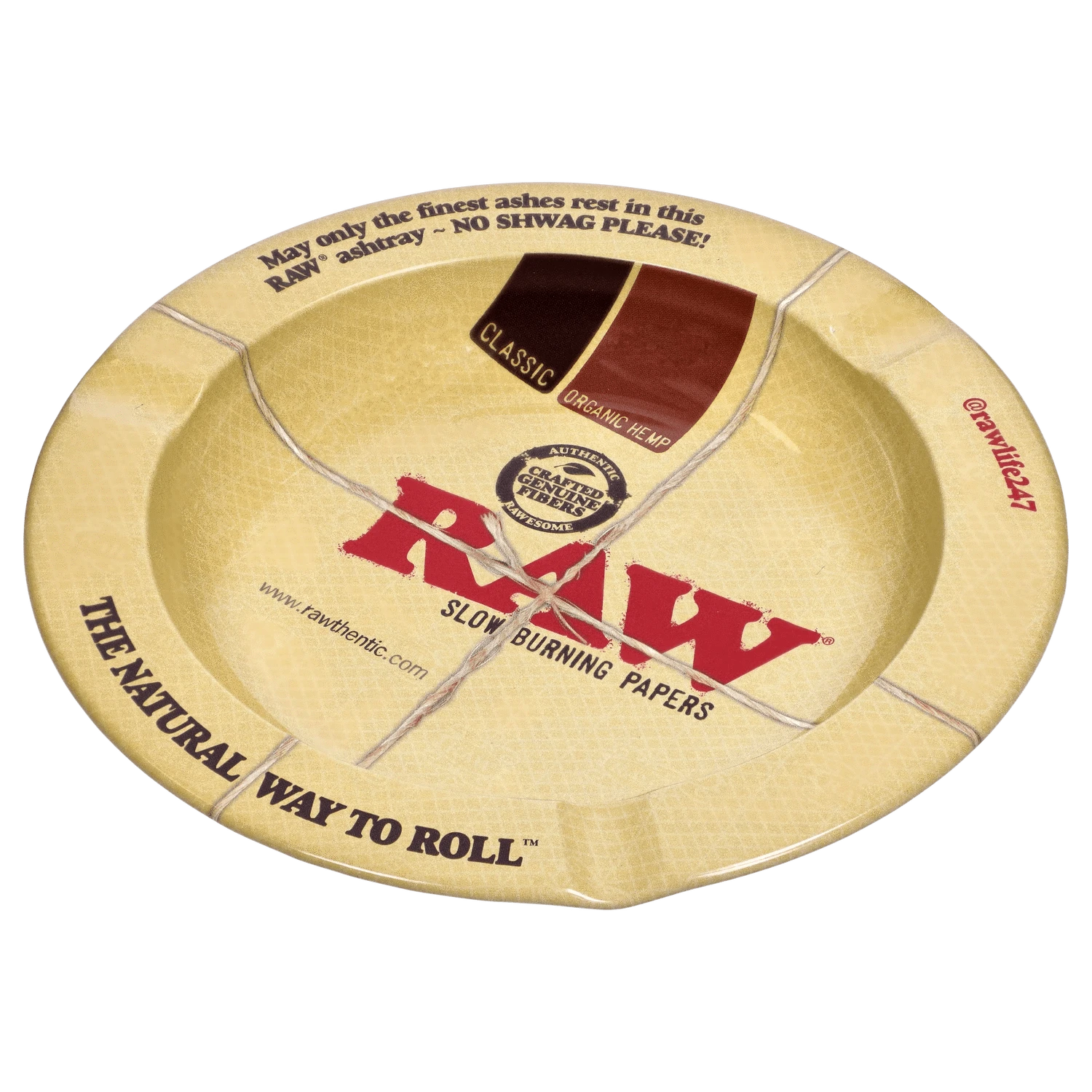 Top-down view of a round, tan DHC x RAW Chronic Collab Smoking Box ashtray with red RAW logo, rope accents, and printed text around the rim