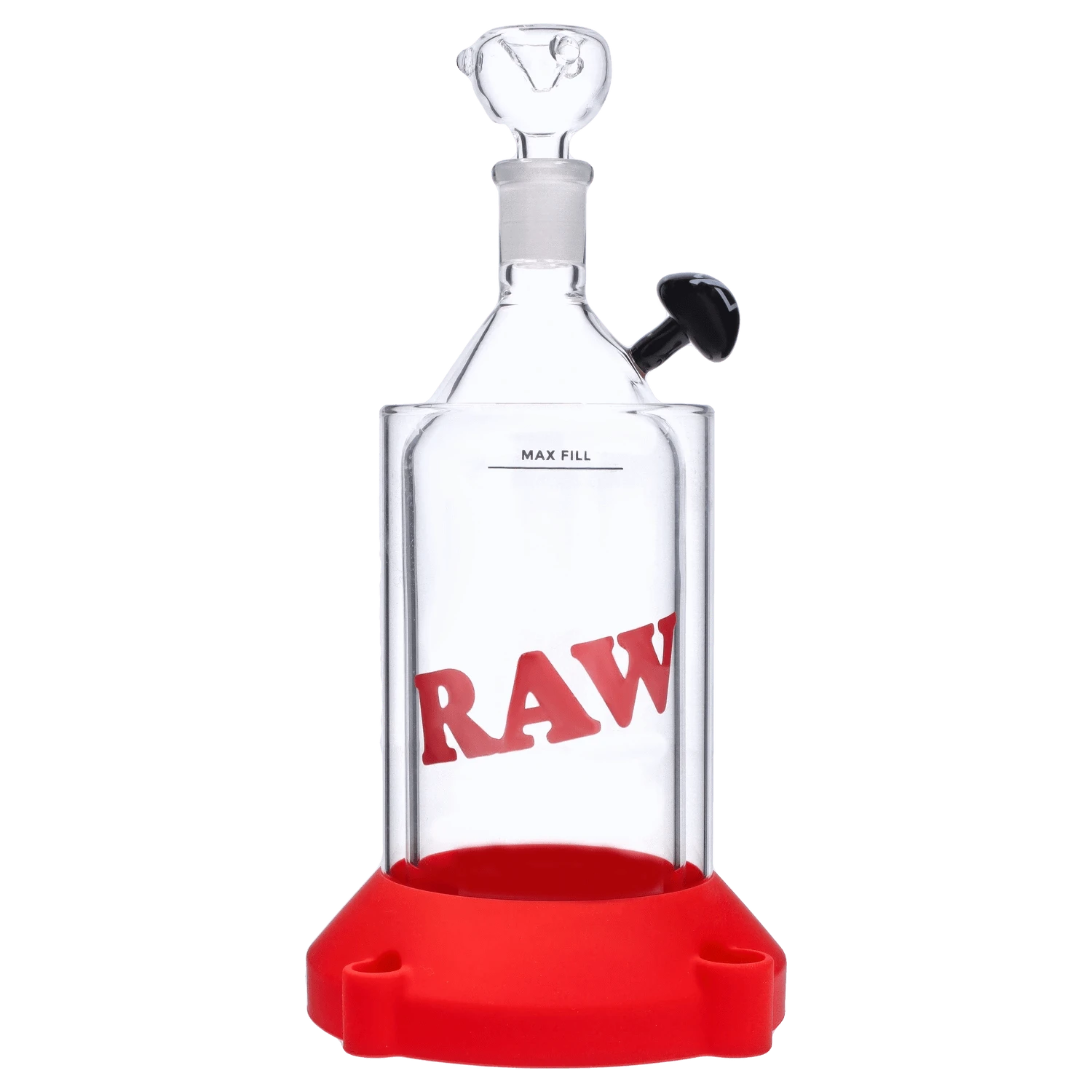 Close-up front view of the DHC x RAW Chronic Collab Smoking Box showing the clear glass chamber with "RAW" in red and a black side mouthpiece.