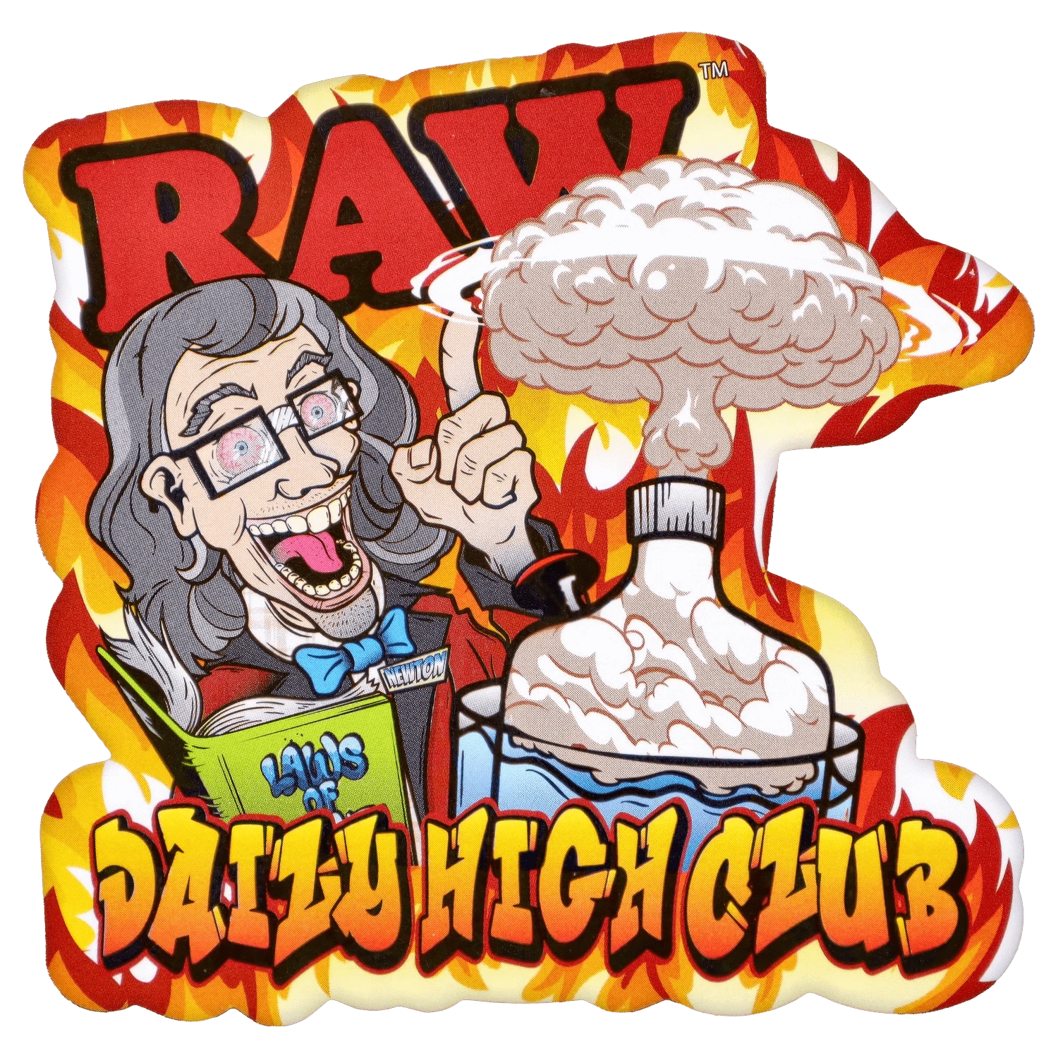 Illustrated sticker-style front view showing a grinning professor and mushroom cloud against flames, labeled DHC x RAW Chronic Collab Smoking Box