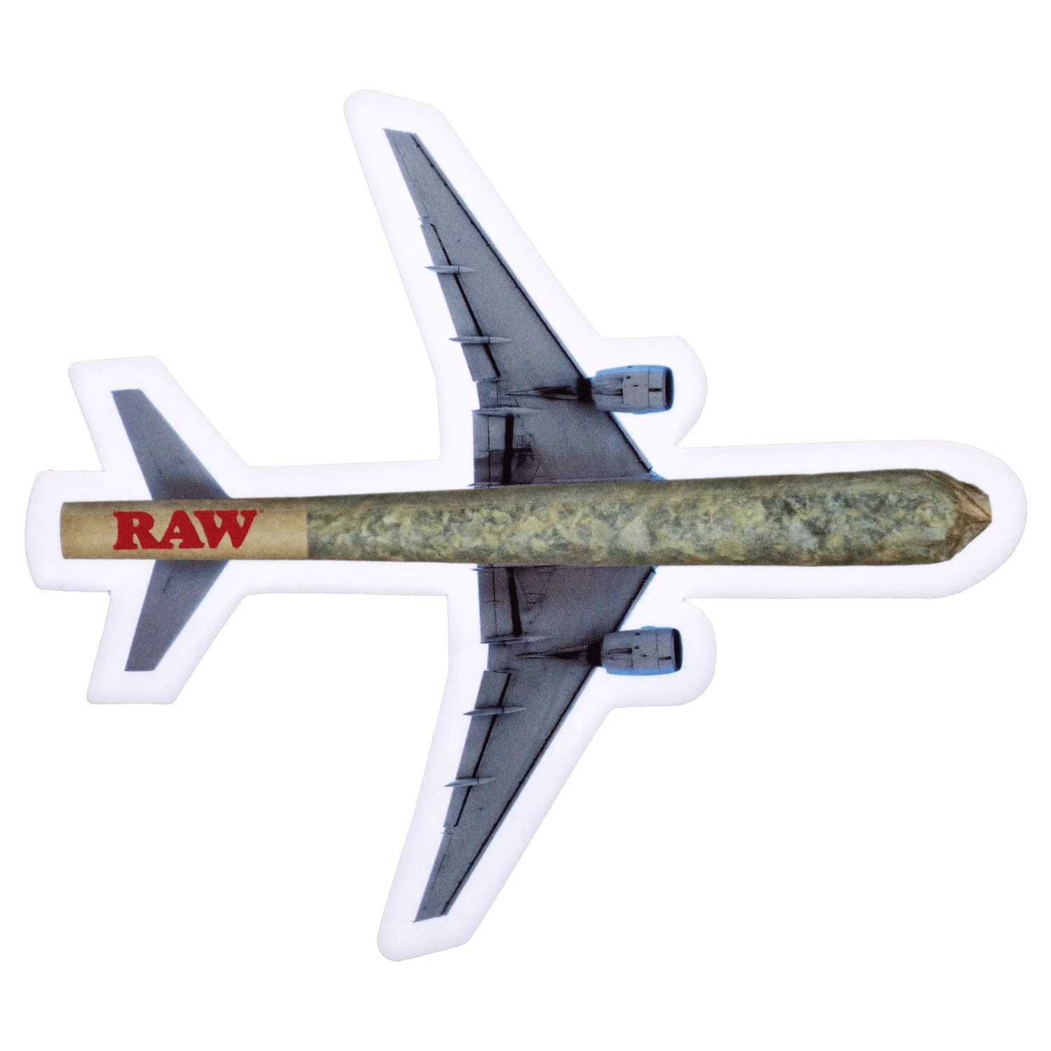 Top-down cutout image of an airplane silhouette overlaid by a horizontal joint bearing the red RAW logo, titled DHC x RAW Chronic Collab Smoking Box