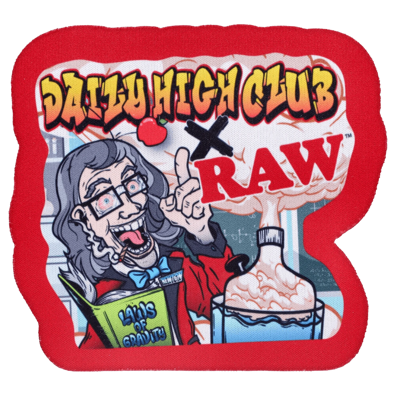 Top-down view of a colorful patch featuring the DHC x RAW Chronic Collab Smoking Box logo with a cartoon professor, bubbling beaker and graffiti text.