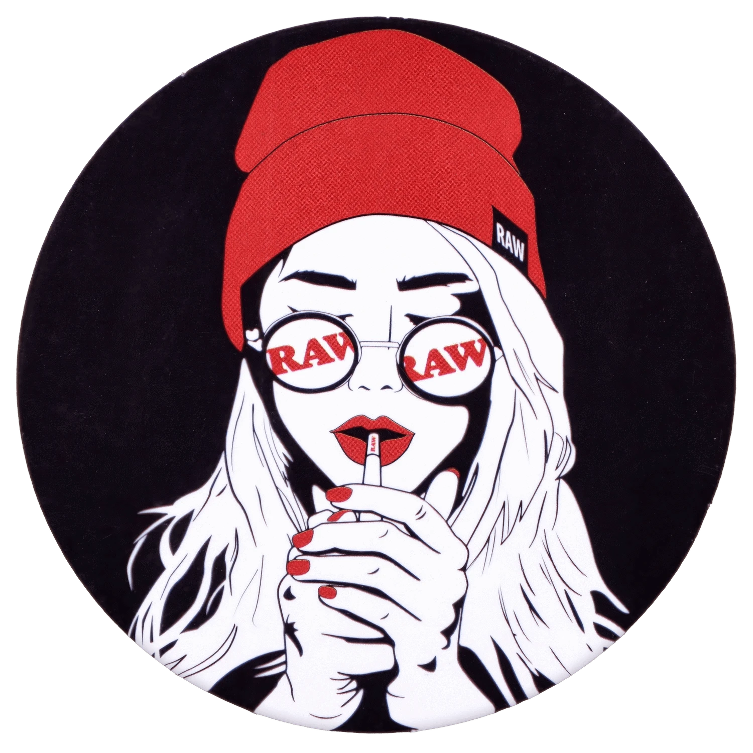 Circular close-up of a stylized woman in a red beanie and round sunglasses with RAW logos, labeled DHC x RAW Chronic Collab Smoking Box