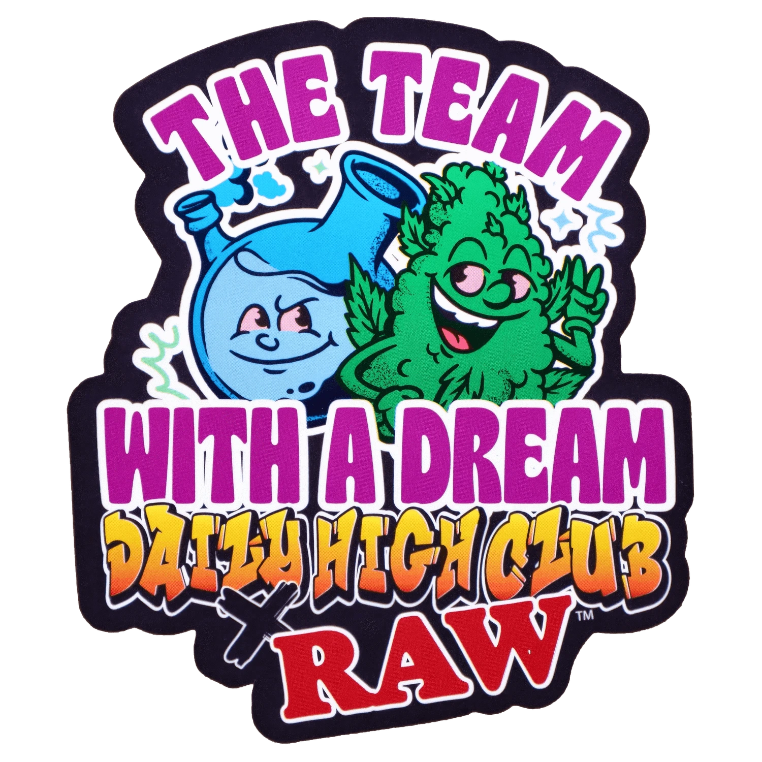 Top-down sticker-style graphic of a smiling green bud and a blue bong with bold purple text, DHC x RAW Chronic Collab Smoking Box