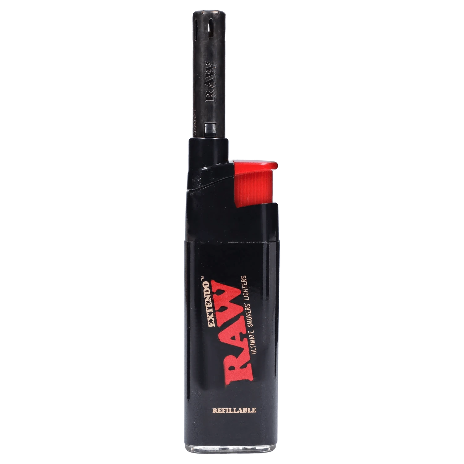 Straight-on view of a black and red DHC x RAW Chronic Collab Smoking Box lighter with its extended black nozzle and red ignition tab visible.