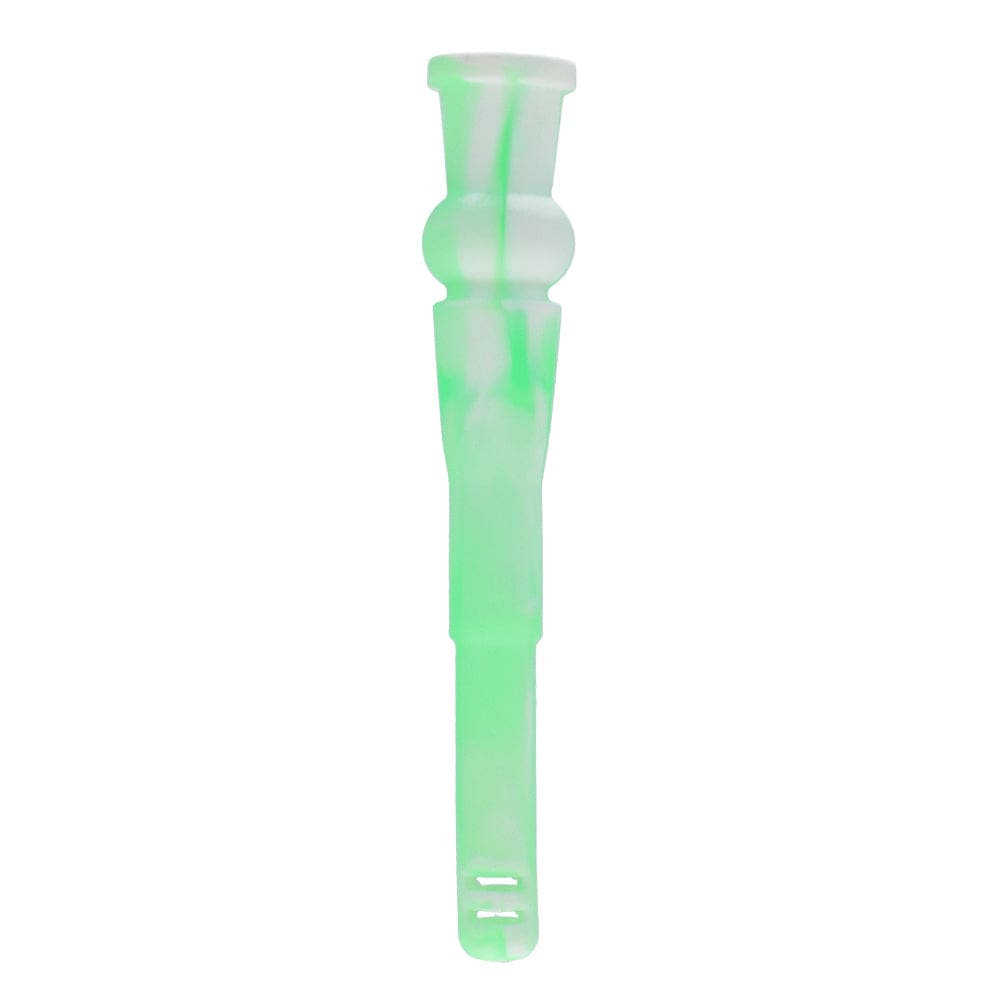 A straight-on view of the 130mm Silicone Downstem, showcasing its translucent green material and simple cylindrical shape.