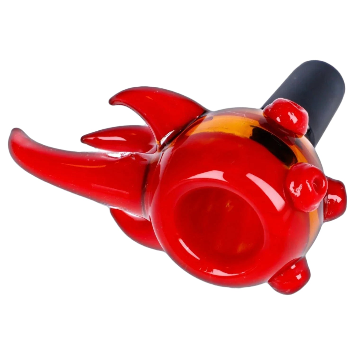 Angled close-up of the 14mm Bird Mouth Bowl showing a glossy red glass bowl with horn-like protrusions and a black stem.
