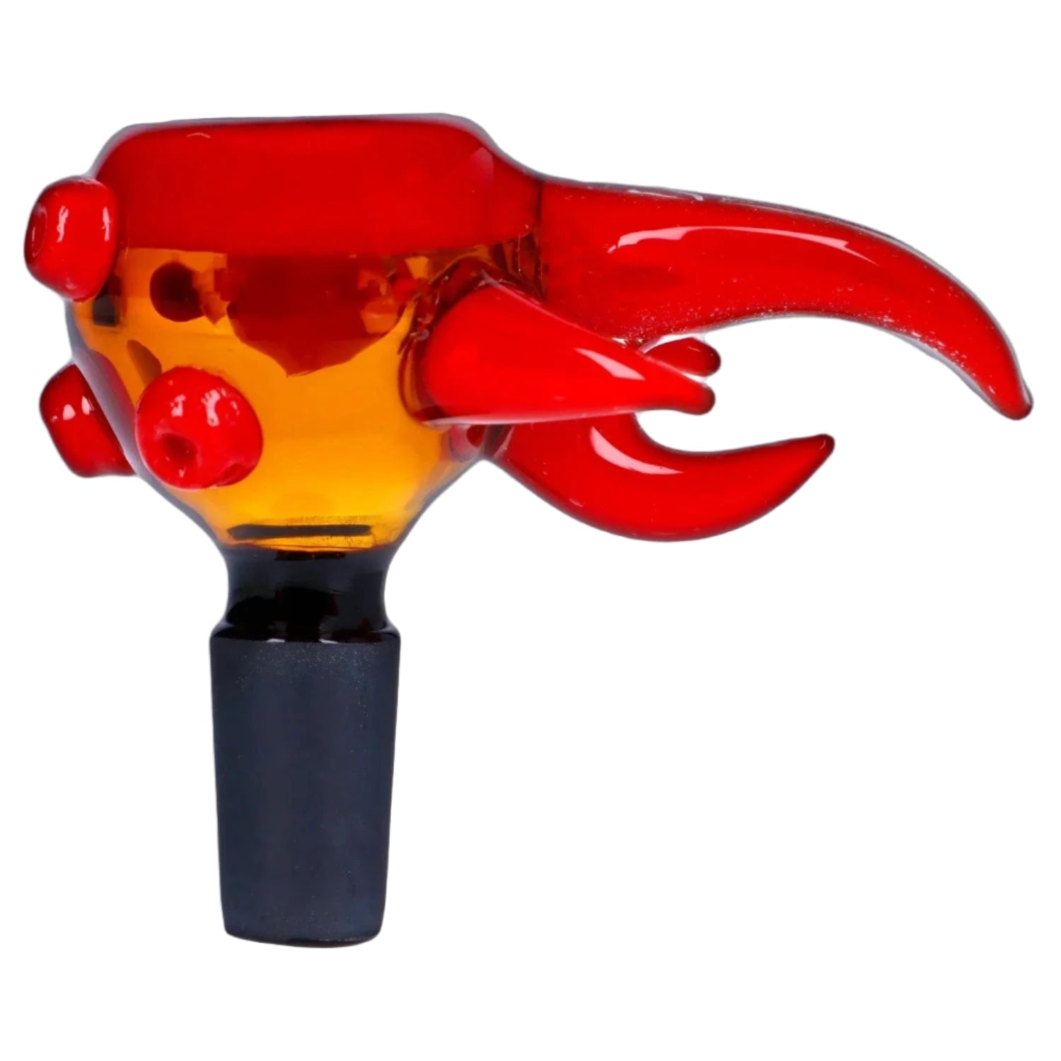 Close-up side view of the orange 14mm Bird Mouth Bowl with glossy red decorative spikes and curved tail against a white background