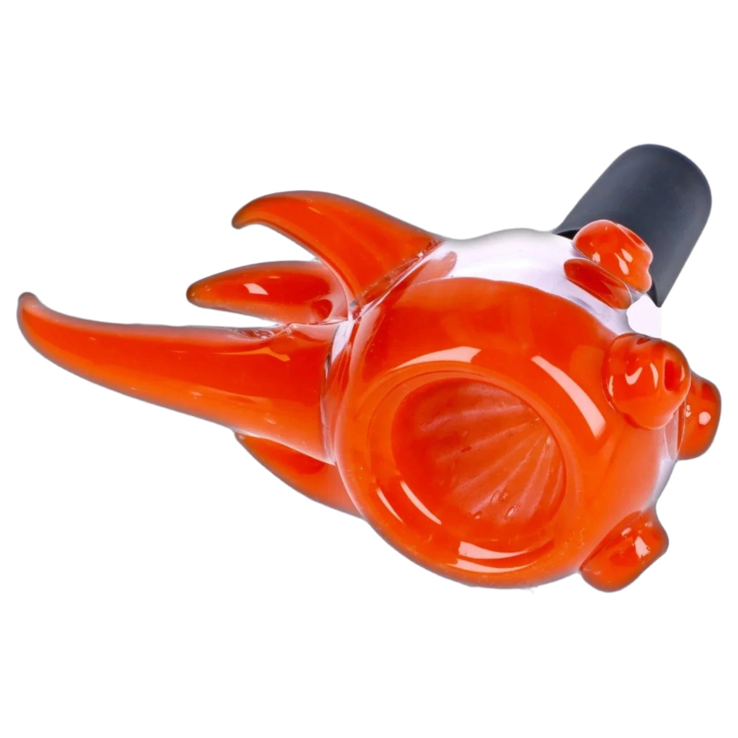 Close-up angled view of a teal 14mm Bird Mouth Bowl showing bright orange glass fins and a rounded bowl opening against a white background.