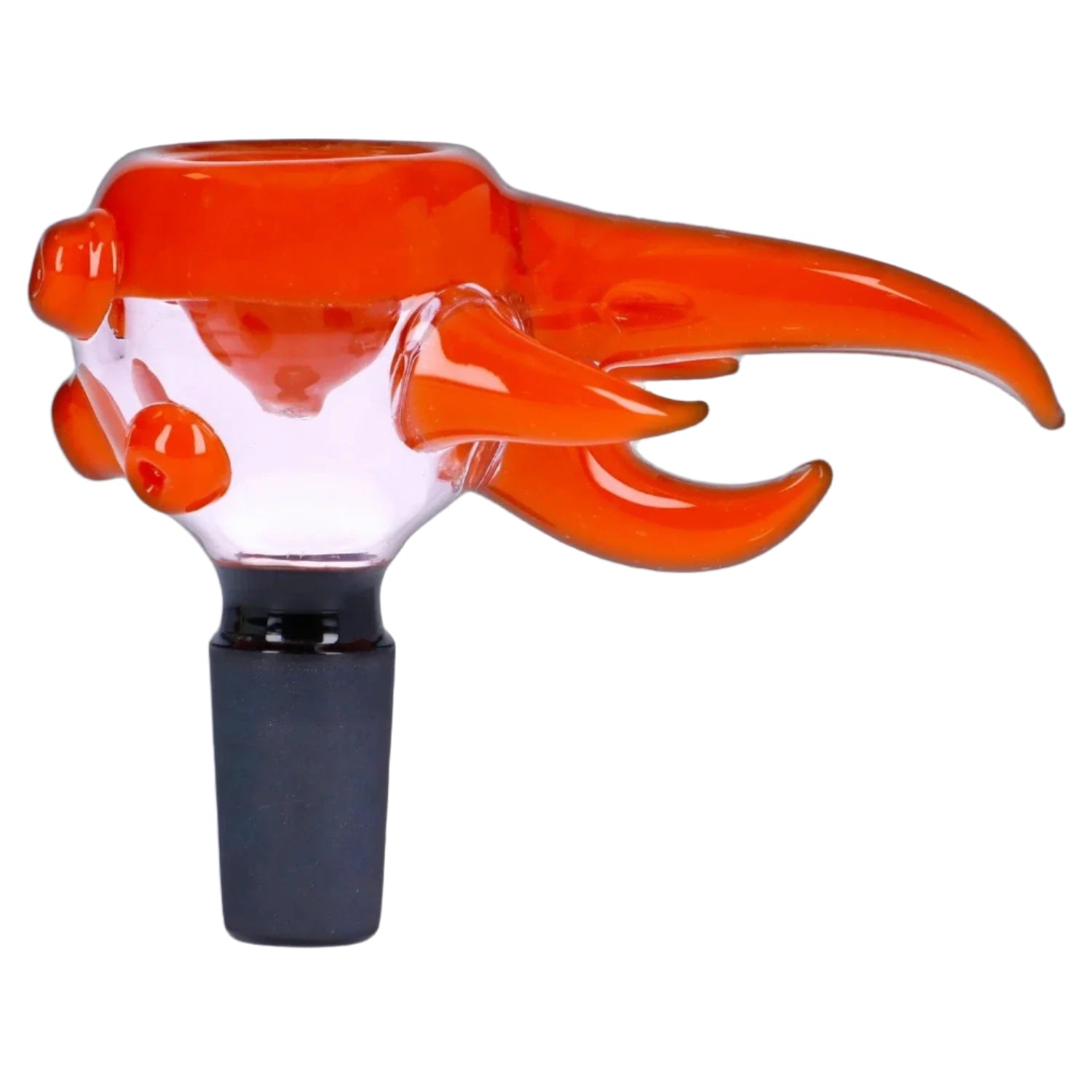 Close-up side view of the 14mm Bird Mouth Bowl showing its clear glass body with bright orange decorative horns and a matte black frosted stem.