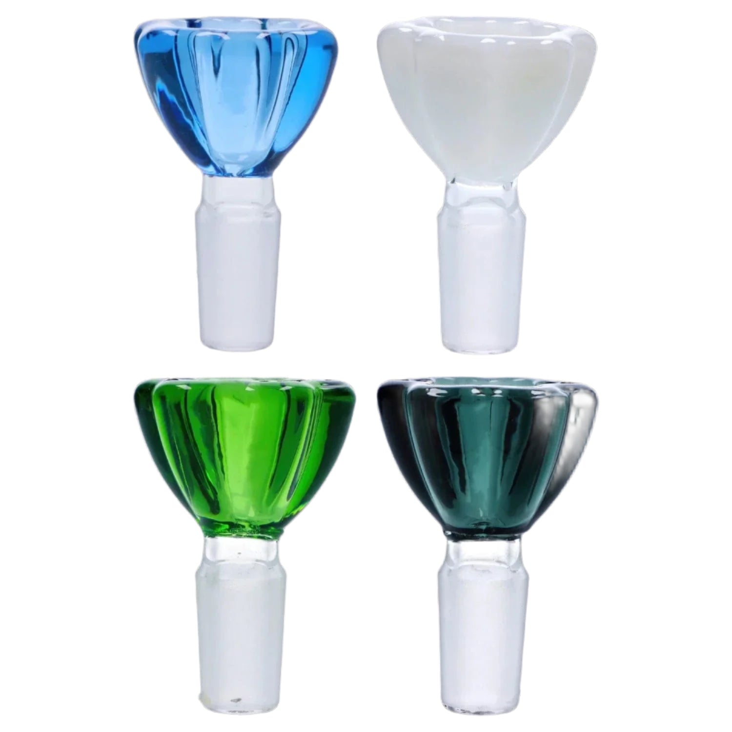 Top-down view of four 14mm Glass Flower Herb Bowl pieces in blue, white, green, and dark teal arranged in a two-by-two grid.