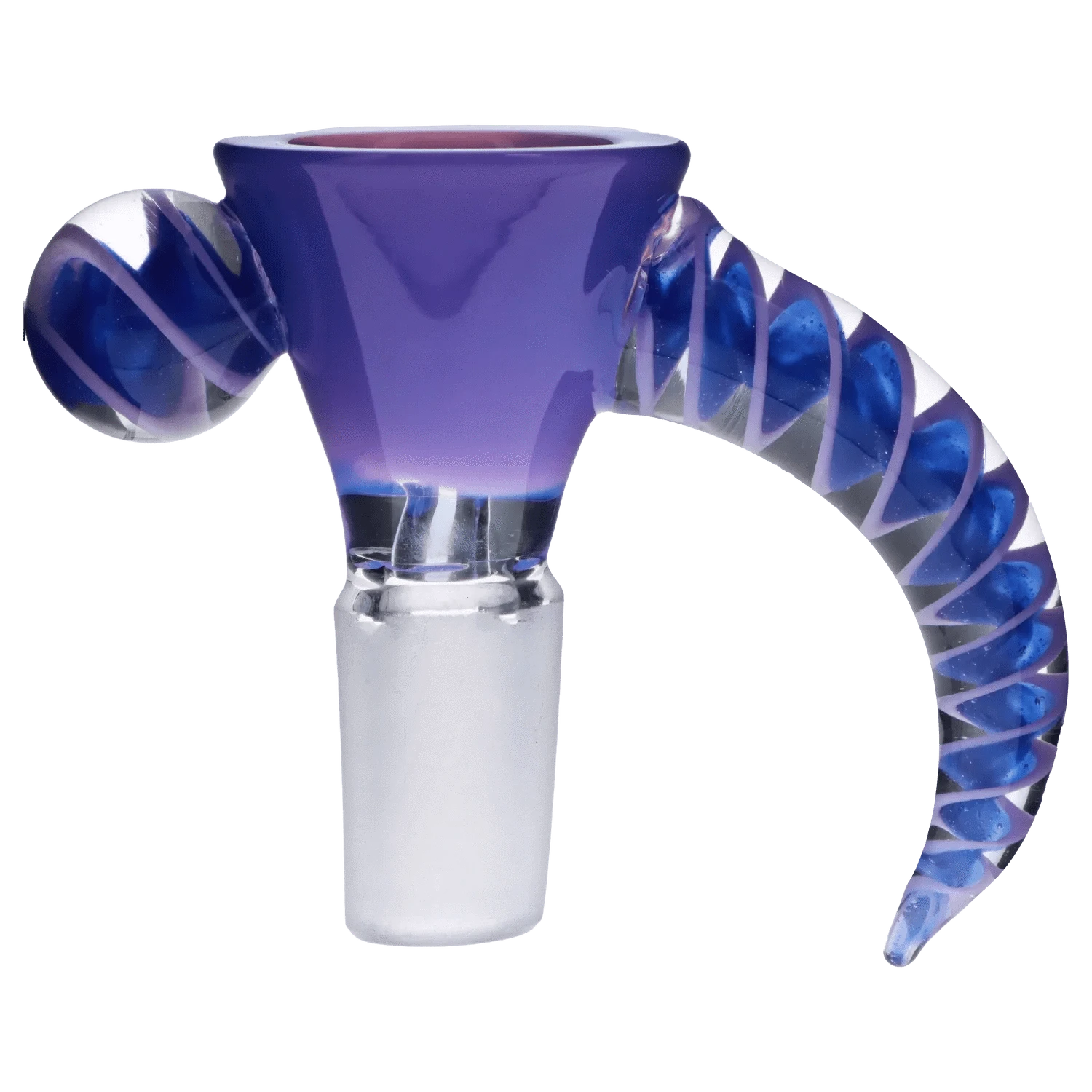 Close-up side view of the pink 14mm Horn Herb Bowl showing a glossy purple bowl, spiral-faceted handle, and frosted glass joint.