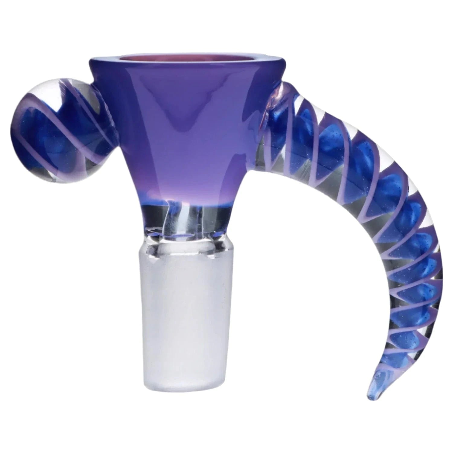 Close-up angled view of the 14mm Horn Herb Bowl in black showing its purple-black glass cup, clear frosted joint, spherical side carb, and twisted decorative horn.