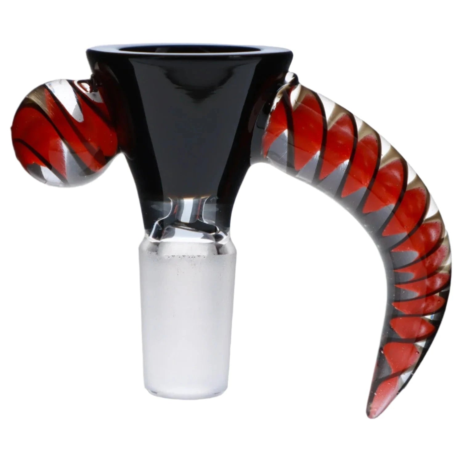Close-up front view of the 14mm Horn Herb Bowl showing a glossy black funnel top with a clear 14mm frosted joint and a curved clear handle with red spiral accents.